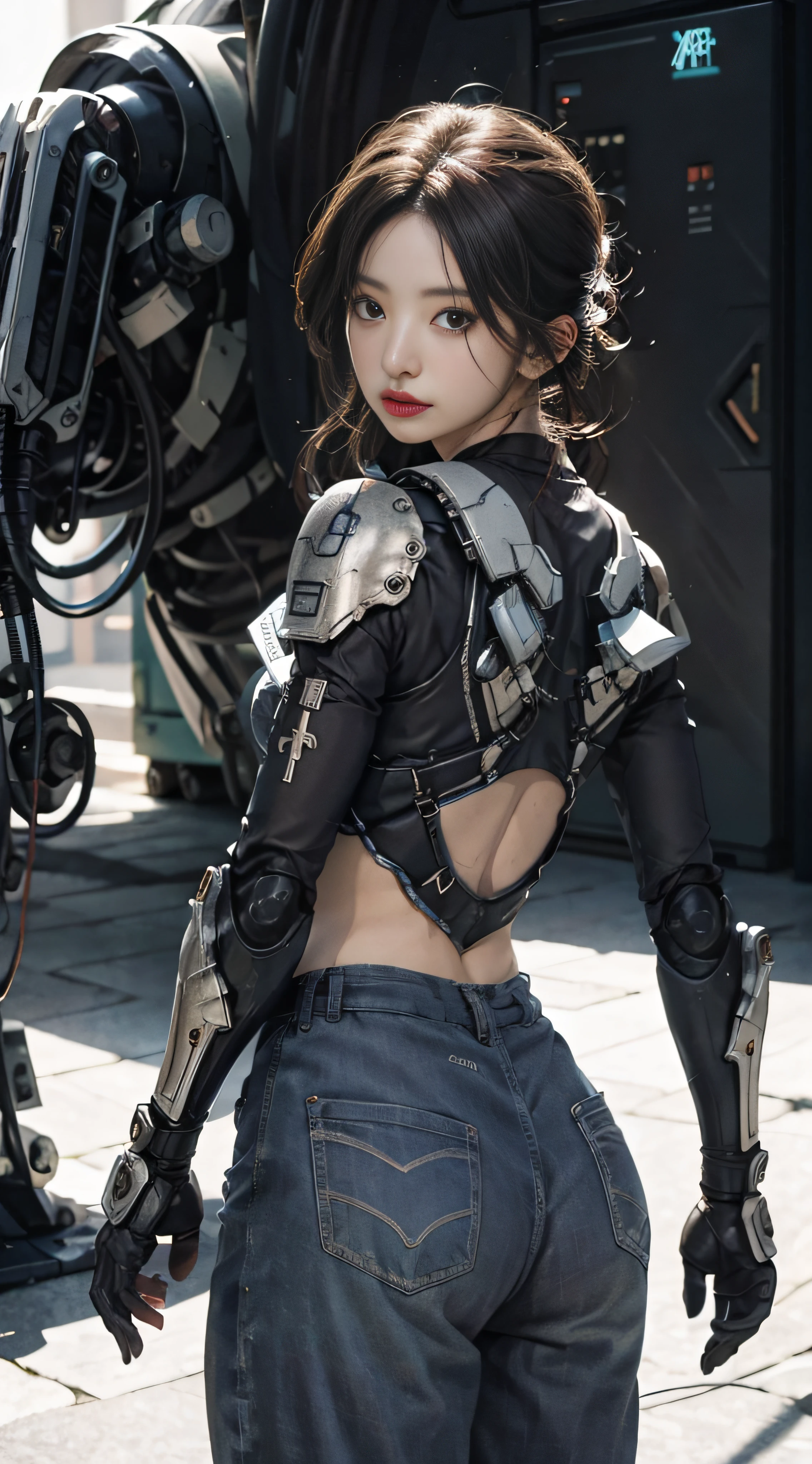 There are beautiful women in the picture, and in the picture, there is a very large mechanical armor robot standing in the back, there is a very large mechanical battle suit standing in the back,fusion of Pacific Rim robot style and Gundam series robot style,fine structure, hyperquality, Perfect lighting, Shadows, Realistic proportions, Metallic texture, Best quality, art, 巨作, illustration,