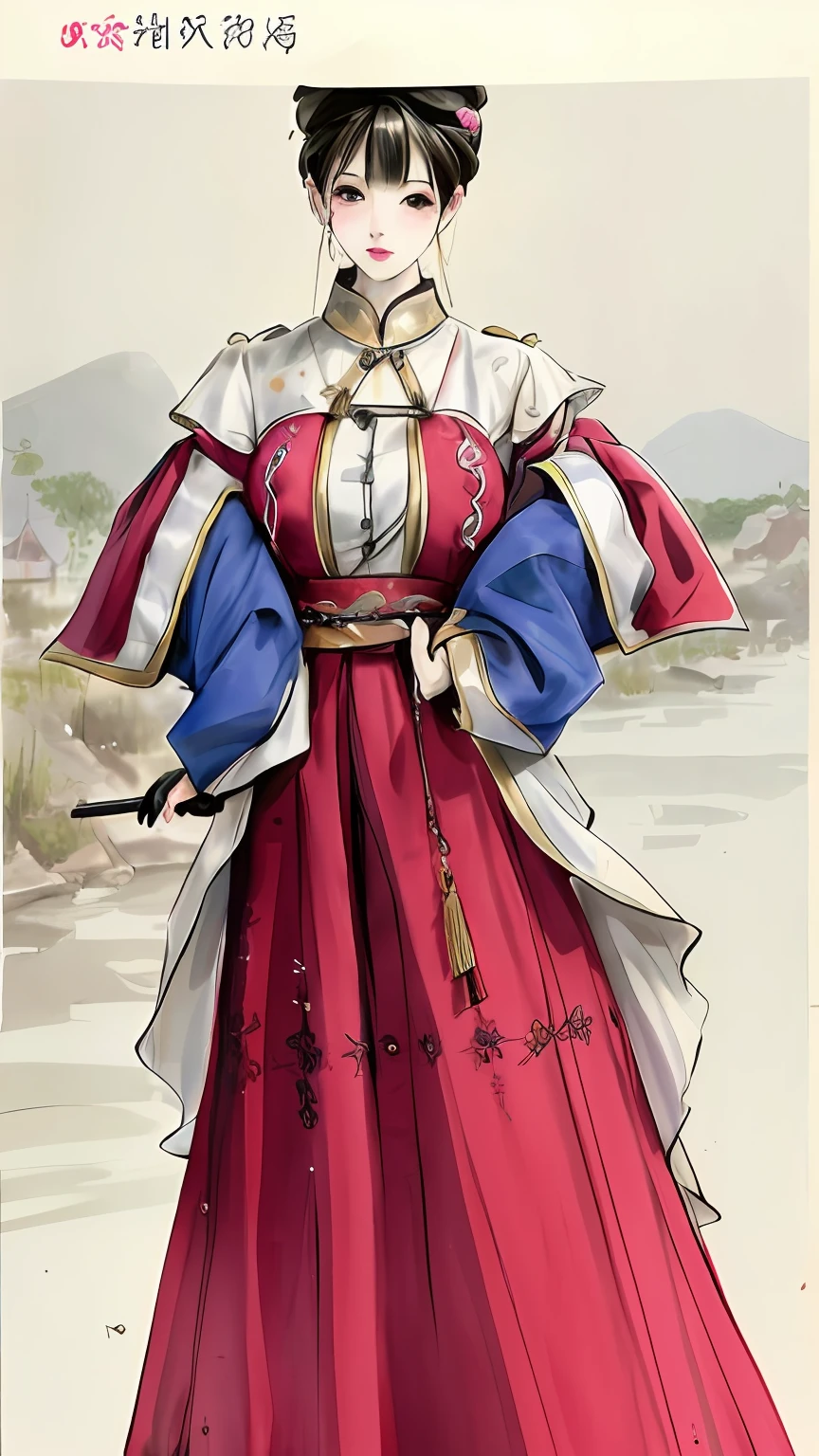 a drawing，One in a dress，Woman in hat and cane, clear outfit design, costume desig, clothing design, clothing design, peasant dress, new costume concept design, inspired by Antonín Slavíček, author：Yanos Vassari, a sketch, Feminine costume, inspired by Stefan Luchian，Chinese landscape painting