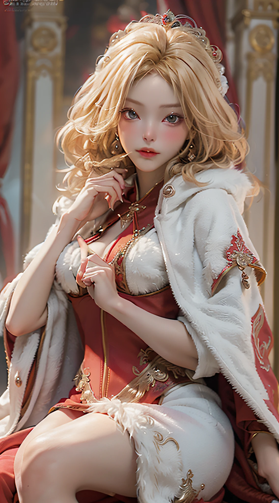 Masterpiece, realistic, realistic: extremely complex, realistic, extremely complex, 1girl, (blonde), crown, red robe, baroque black dress, red cloak, white, cape: fur trim, covering, fur cloak, queen's cloak, forehead, sitting, red eyes, corset, bridal gloves, throne,