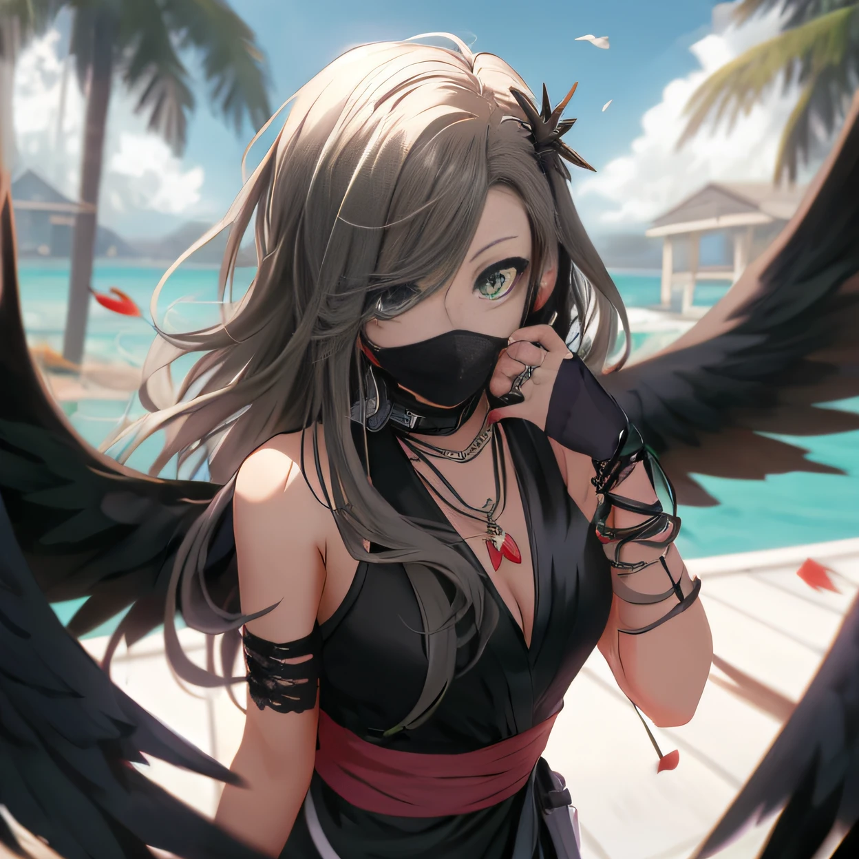 anime girl with black wings and a mask on her face, Green eyes、Long black straight hair、anime style 4 k, Very detailed ArtGerm, dark feathered wings, Anime art wallpaper 8k, badass anime 8 K, anime girl wearing a black dress, from girls frontline, ArtGerm on ArtStation Pixiv, Detailed Digital Anime Art, villainess has black angel wings、Everlasting summer sea in the background