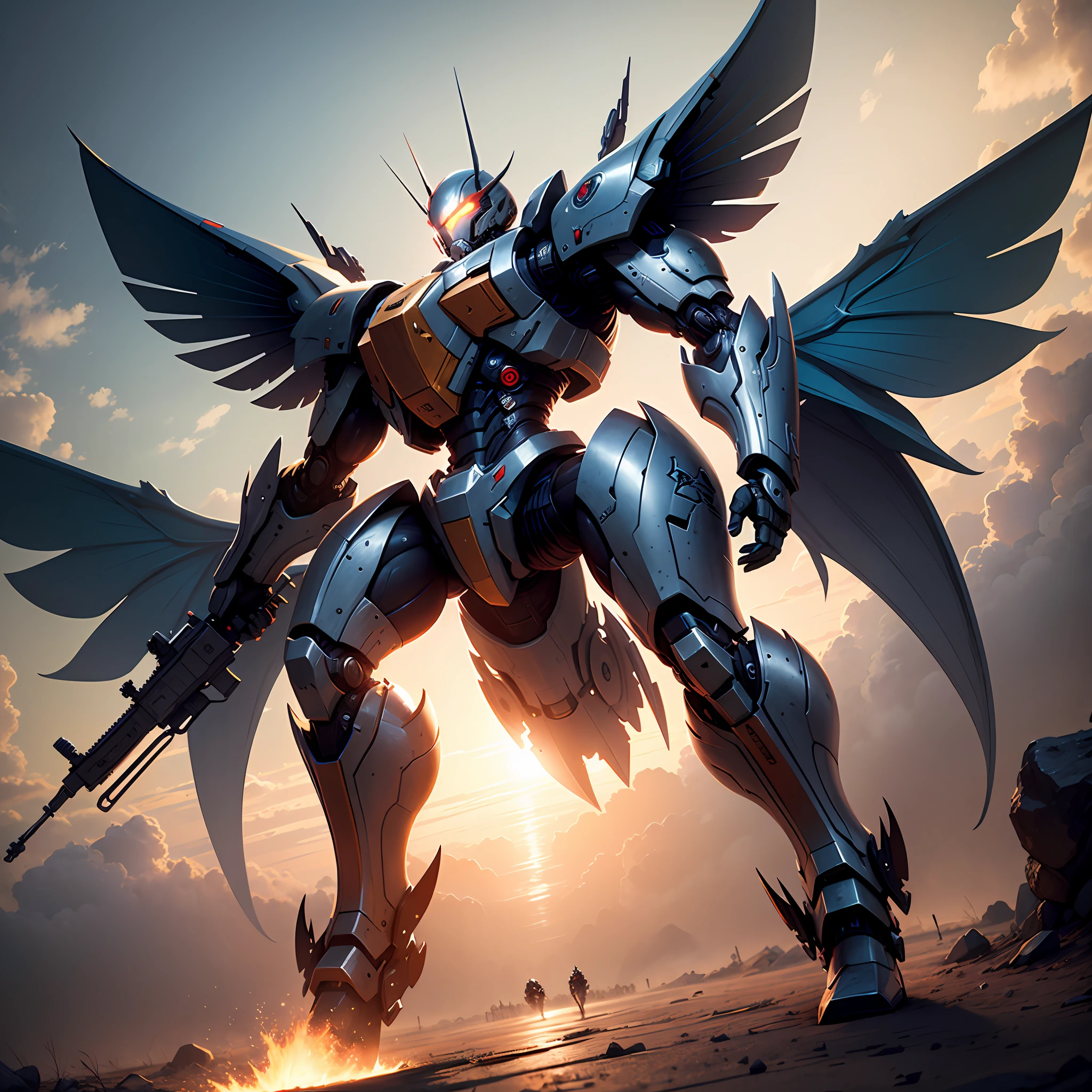 (Masterpiece, Best Quality: 1.3), Extreme Detail, Complex, 8k, HDR, Wallpaper, Cinematic Lighting, Sky, Flying, Holding a Weapon, Glowing, Armor, Glowing Eyes, Mecha, Realism, Mecha, Big Wings, --auto