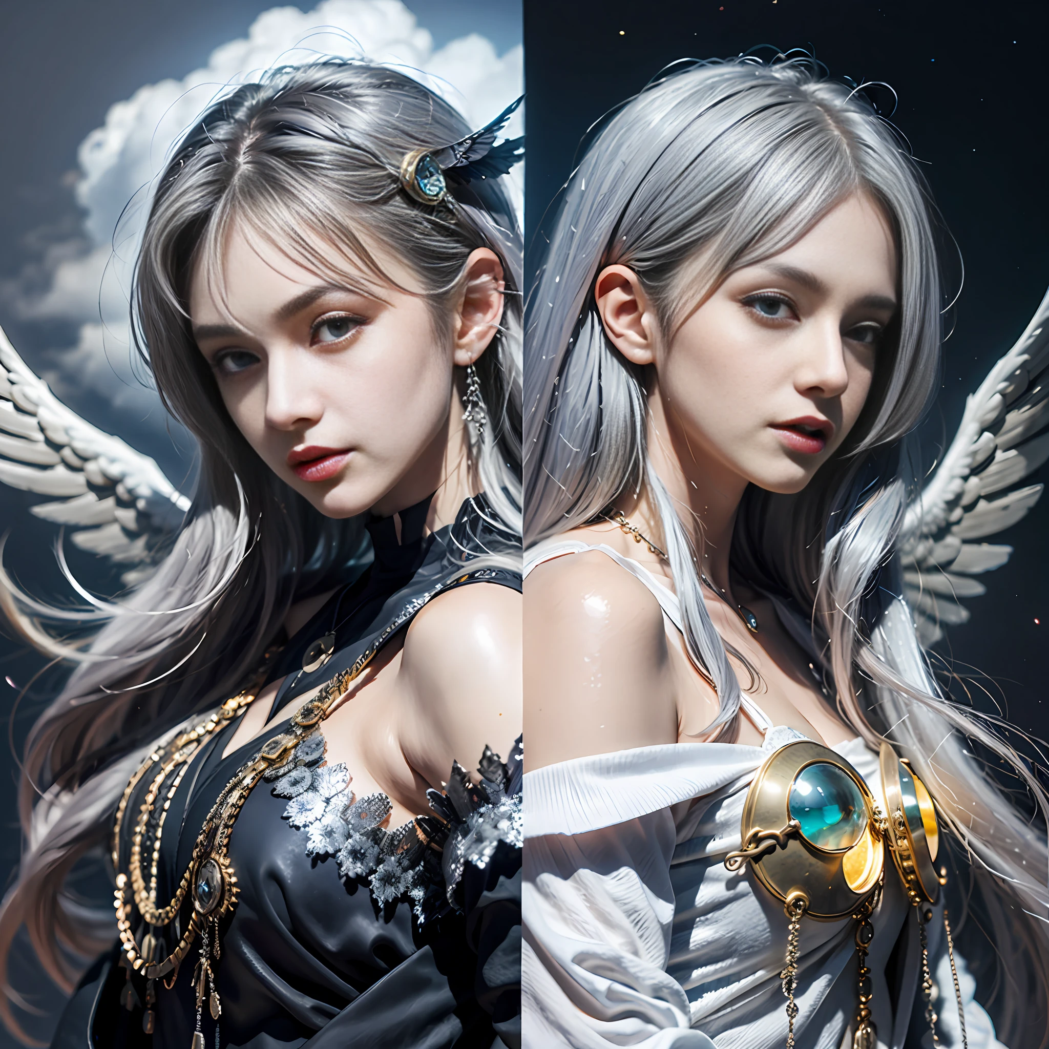 （8K、extreme hight detail、CG Unity wallpapers of the highest quality）,（Sister Angel+Sister Demon），The older sister has long bright silver hair and big blue eyes，Wear a white suit，The wings are transparent and high-quality，Beautiful face，Surrounded by thick fog（Cloud fog、Light、Dark effect、Detail），Sister with long red hair and big blue eyes，Yellow pupils，The body is skeletal or infectious，Decorated with mysterious fruits or magical items，Decadence city sky，Sense of space and fog surrounding，twintals。