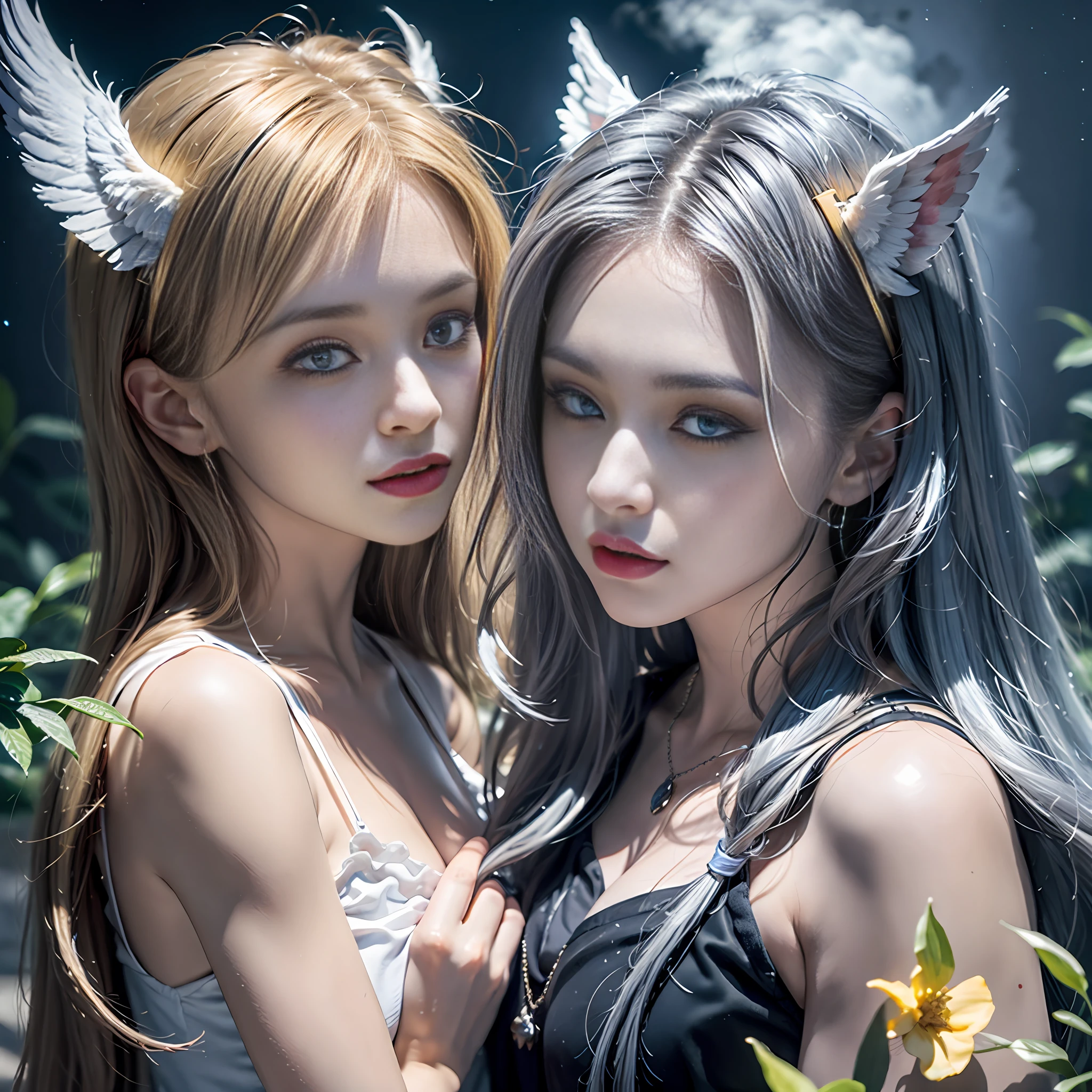 （8K、extreme hight detail、CG Unity wallpapers of the highest quality）,（Sister Angel+Sister Demon），The older sister has long bright silver hair and big blue eyes，Wear a white suit，The wings are transparent and high-quality，Beautiful face，Surrounded by thick fog（Cloud fog、Light、Dark effect、Detail），Sister with long red hair and big blue eyes，Yellow pupils，The body is skeletal or infectious，Decorated with mysterious fruits or magical items，Decadence city sky，Sense of space and fog surrounding，twintals。