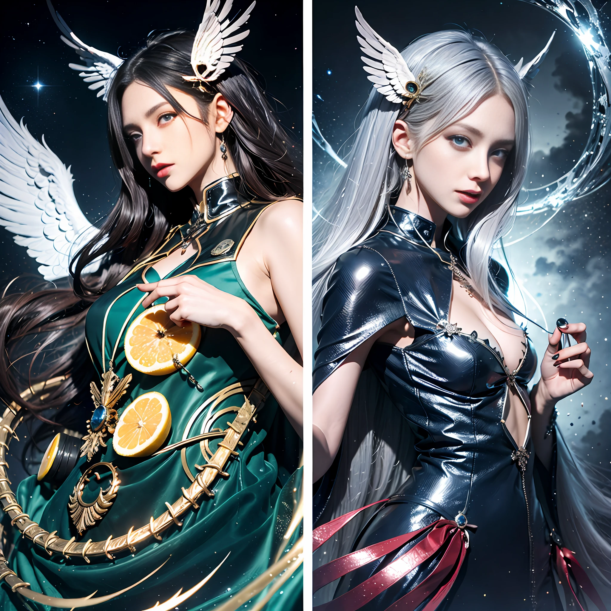 (8K、extreme hight detail、CG Unity wallpapers of the highest quality),(Sister Angel+Sister Demon),The older sister has long bright silver hair and big blue eyes,Wear a white suit,The wings are transparent and high-quality,Beautiful face,Surrounded by thick fog(Cloud fog、Light、Dark effect、Detail),Sister with long red hair and big blue eyes,Yellow pupils,The body is skeletal or infectious,Decorated with mysterious fruits or magical items,Decadence city sky,Sense of space and fog surrounding,twintals。