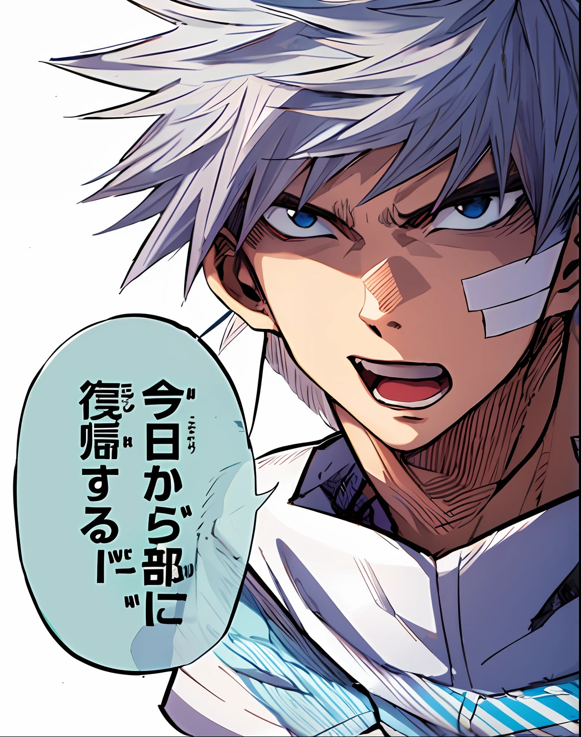 a anime of a man with a gray hair, open mouth, plaster, white shirt, text bubble speech, color manga, manga color, color manga, color manga panel, simple background, a white background