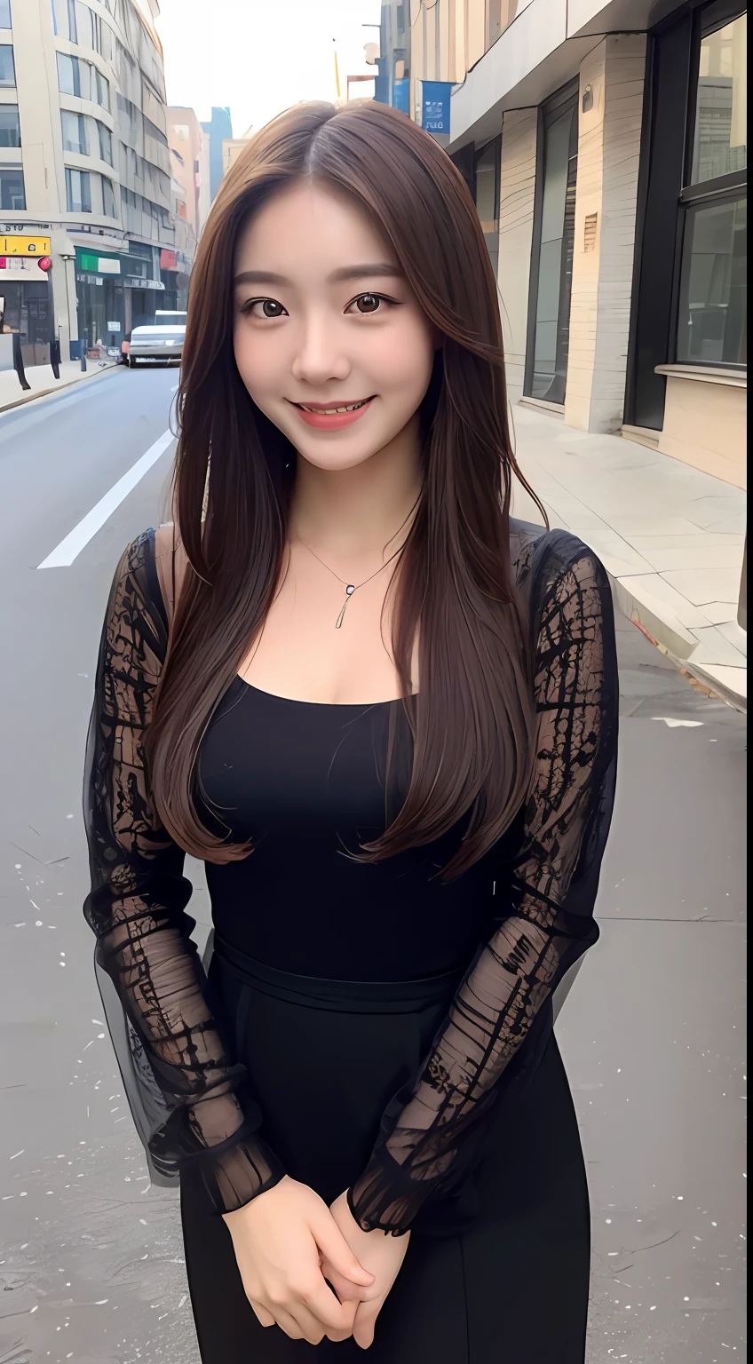 ((Best quality, 8k, Masterpiece :1.3)), 1girl, smiling, full body, slim face, Pretty woman, (Dark brown hair), full length dress :1.1, Ultra-detailed face, Detailed eyes, Double eyelid, blur background, slim face, city, outside, street,