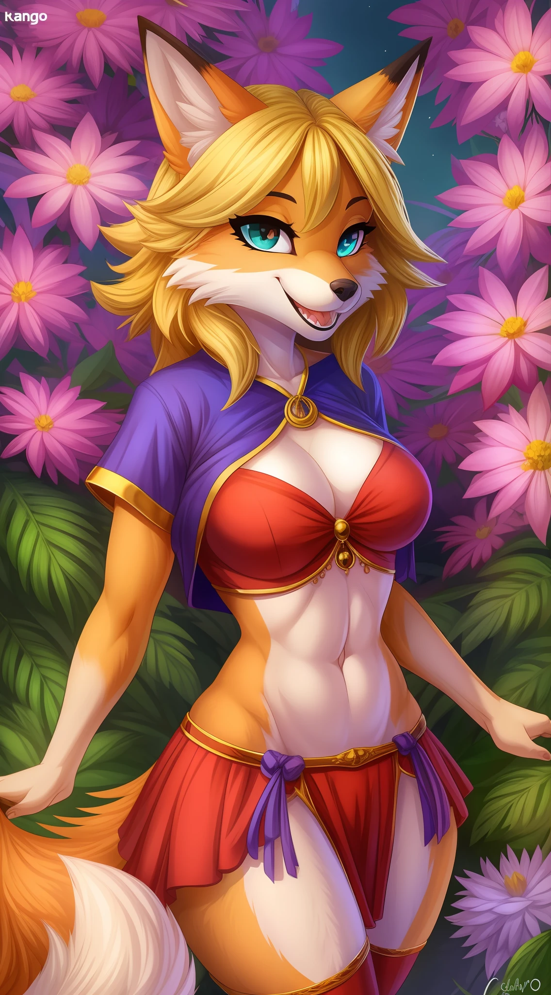 Antrho, fox, female, solo, pelo laranja, cabelo loiro longo, peitos medios, bunda media, coxas curvadas, usando roupa de noiva transparente, calcinha e sutia branca rendada, meias altas, segurando buque de flores, olhando sobre o ombro, sorriso envergonhado, fundo jardim florido, cauda deve ser mostrada