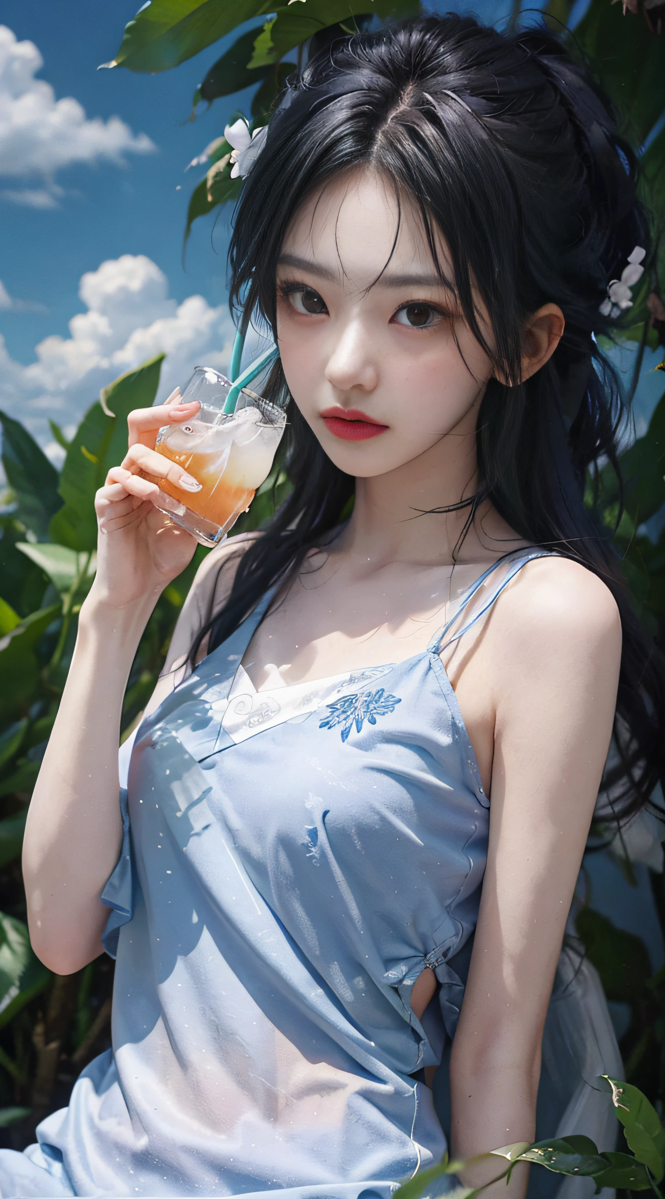 (Chinese beauty) Soft drink made from coconut water, ice cubes and coconut water. Milky white turns white. Cool. There are colored straws and ice cubes, placed on green leaves, outdoors, clear blue sky, beautiful clouds