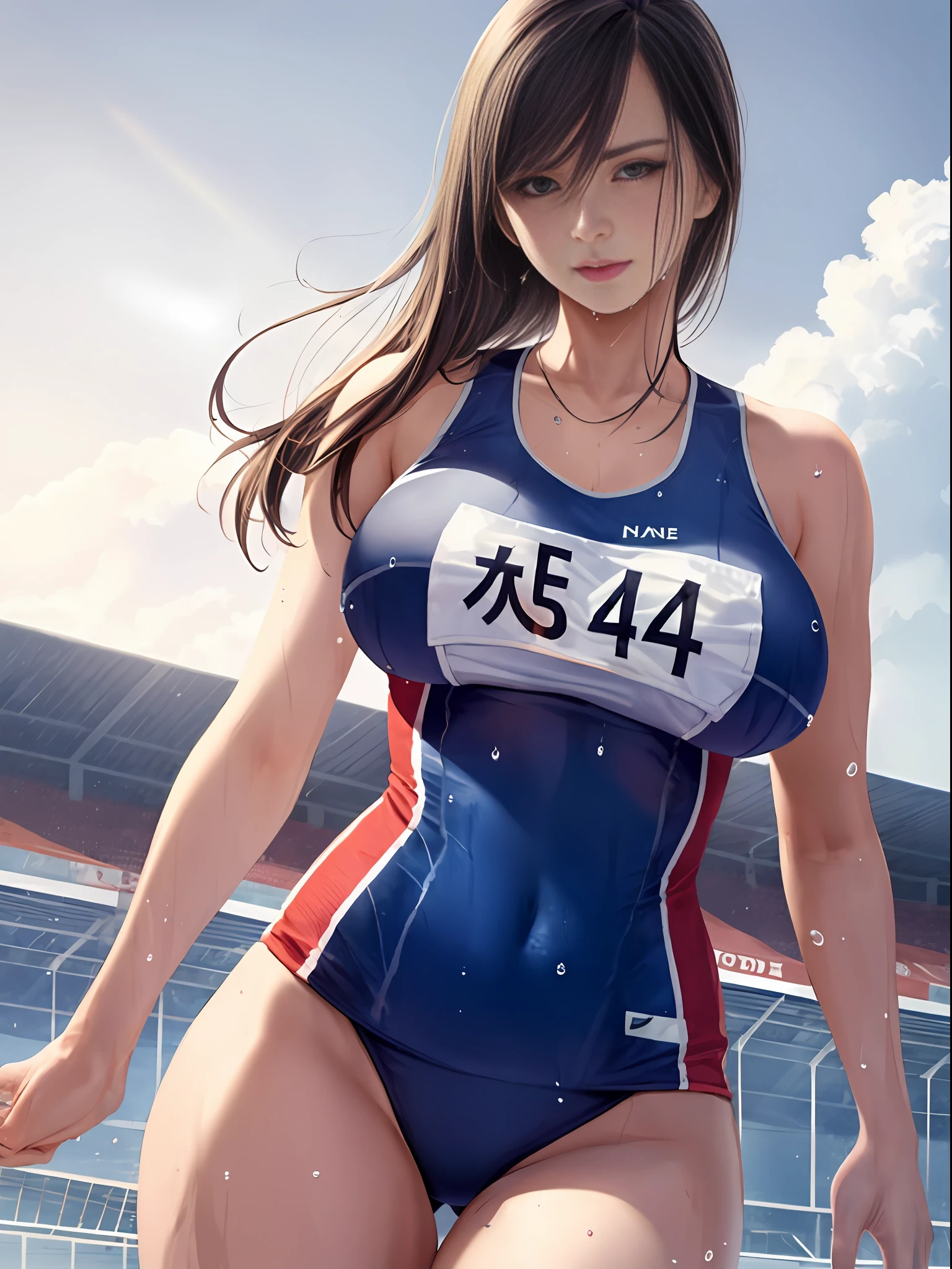 masterpiece,super detailed realistic illustration,1beautiful girl,track and field uniform,large breasts,slim body,nice legs,wet skins sweat,track and field,dramatic light