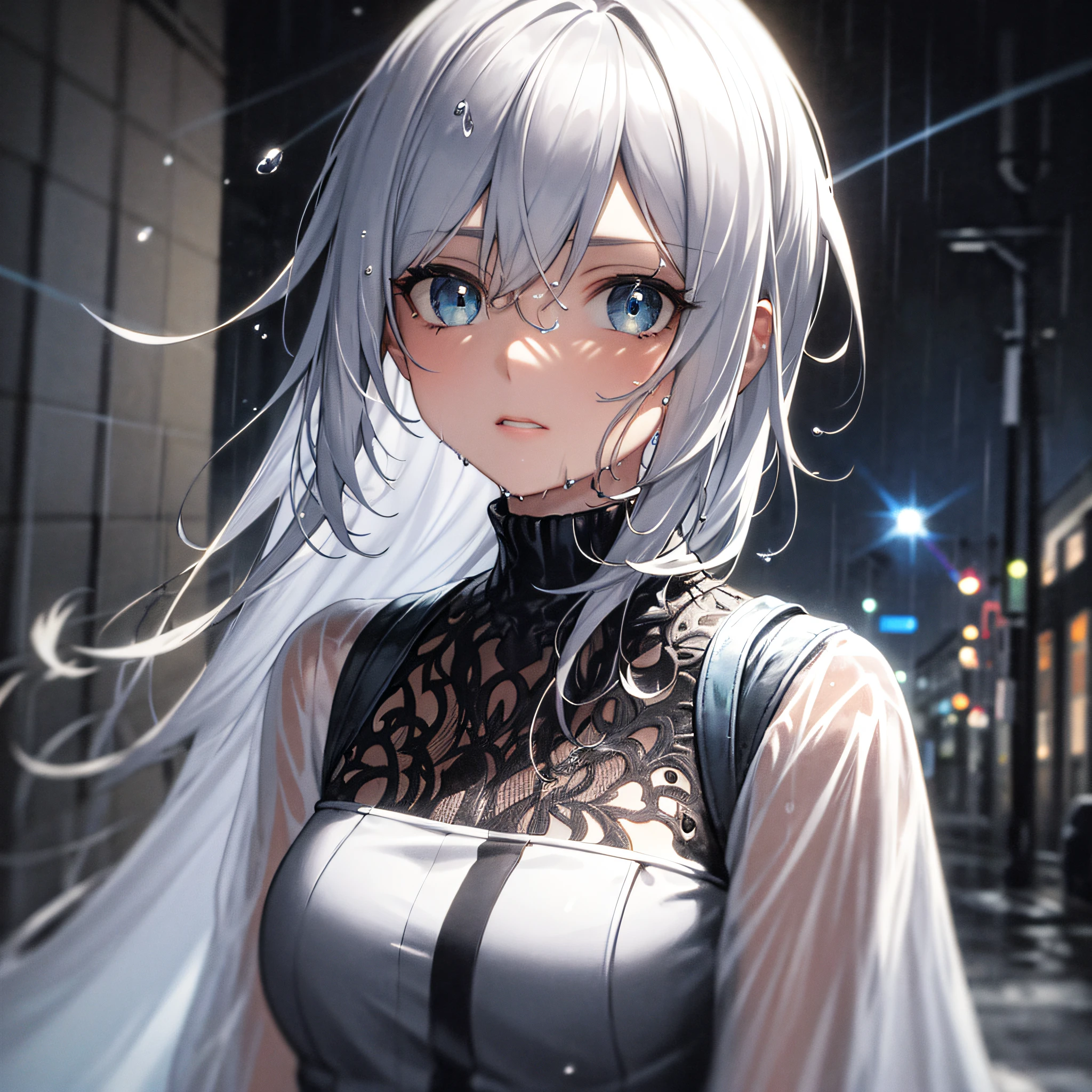 (шедевр:1.21), (Top image quality:1.331), ((ultra hyper-detailed)), ((Superb illustration)), ((astounding)), (An ultra-high picture quality), Gorgeous and rich graphics, (an extremely delicate and beautiful:1.21), 8K, wall-paper, (Very beautiful lighting), hard lights, delicate composition, (Perfect composition), (Very beautiful and detailed background:1.21), Rembrandt-style representation of light and shadow, Dark Tone, (Unobtrusive, highly dispersive color scale), ((depth of field)), deep-shadows, Dynamic angles、From the side、Upper body body、Radial blur、rainny、(city light、blured background)、(1girl in)、(Beautiful detailed eyes)、Clear blue eyes、Long, silver French blade hair、Tiredness、Transparent raincoat、Wet clothes and wet skin、Dripping wet hair、lensflare、String Light、Street、、шедевр、beste-Qualit、vexation