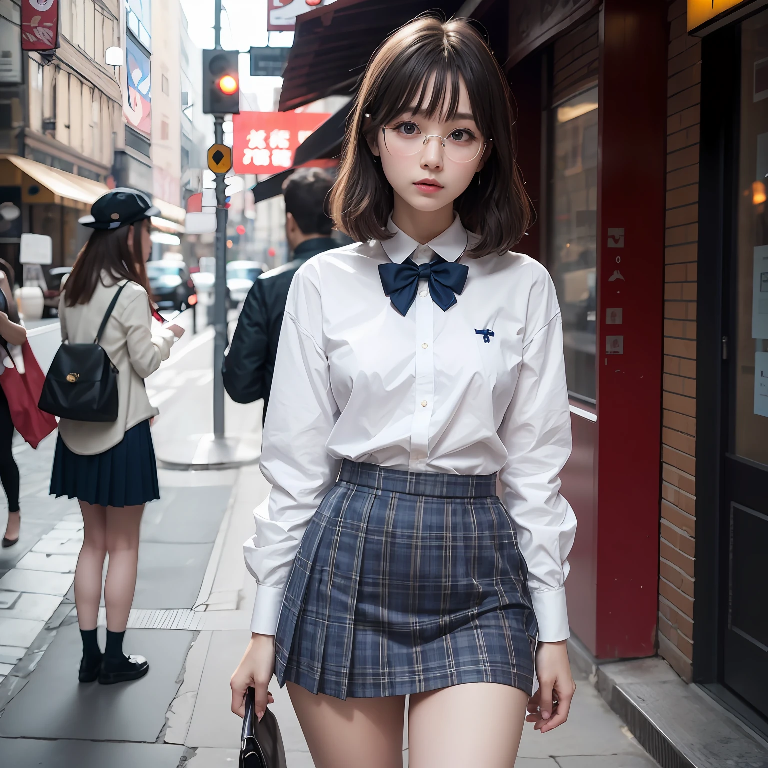 (8K、Raw photography、beste-Qualit、masterpiece:1.2)masterpiece,beste-Qualit、Super-High Resolution,Raw photo,ren,Beautiful fece,shorth hair,One person, 独奏,eye glass,,Dark look,Small breasts,fullllbody,Round glasses、cute little、japanese lady,is standing,Hard-eyed,skinny,Rasping,irate,small tits,flat breast(photorealisitc:1.37)、Photon mapping,Light blue ribbon,Realistic、Cute little face,Brown-eyed、Black socks、Red bow tie、Radio City、Physically Based Rendering、Foreground、depth of fields、Blurry background、The photograph,The girls、Body, Long legs, Thin leg, Bobhead,(Bangs are visible), Hair_ornament detached, s lips, Blue_The eye, nosesoft, Light blue shirt, Navy blue and white plaid pleated skirt, Sheer clothing,, Thigh, Black cotton socks