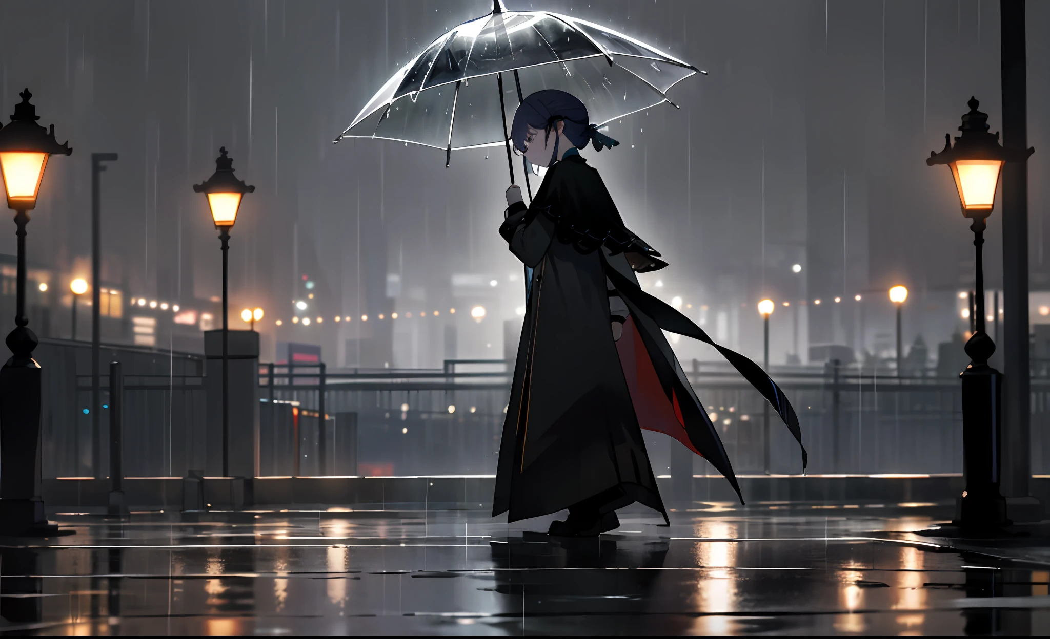 rainy evening,wind coat,Back Shadow,4K,8K,oras,A small amount of light,Can't see the physiognomy,wide wide shot,Cover the whole body,black capelet,Lin Yu,sad,dreary,Pedestrians hurry,bblurry,Slender,Fine,mtu,shoun,Faraway view