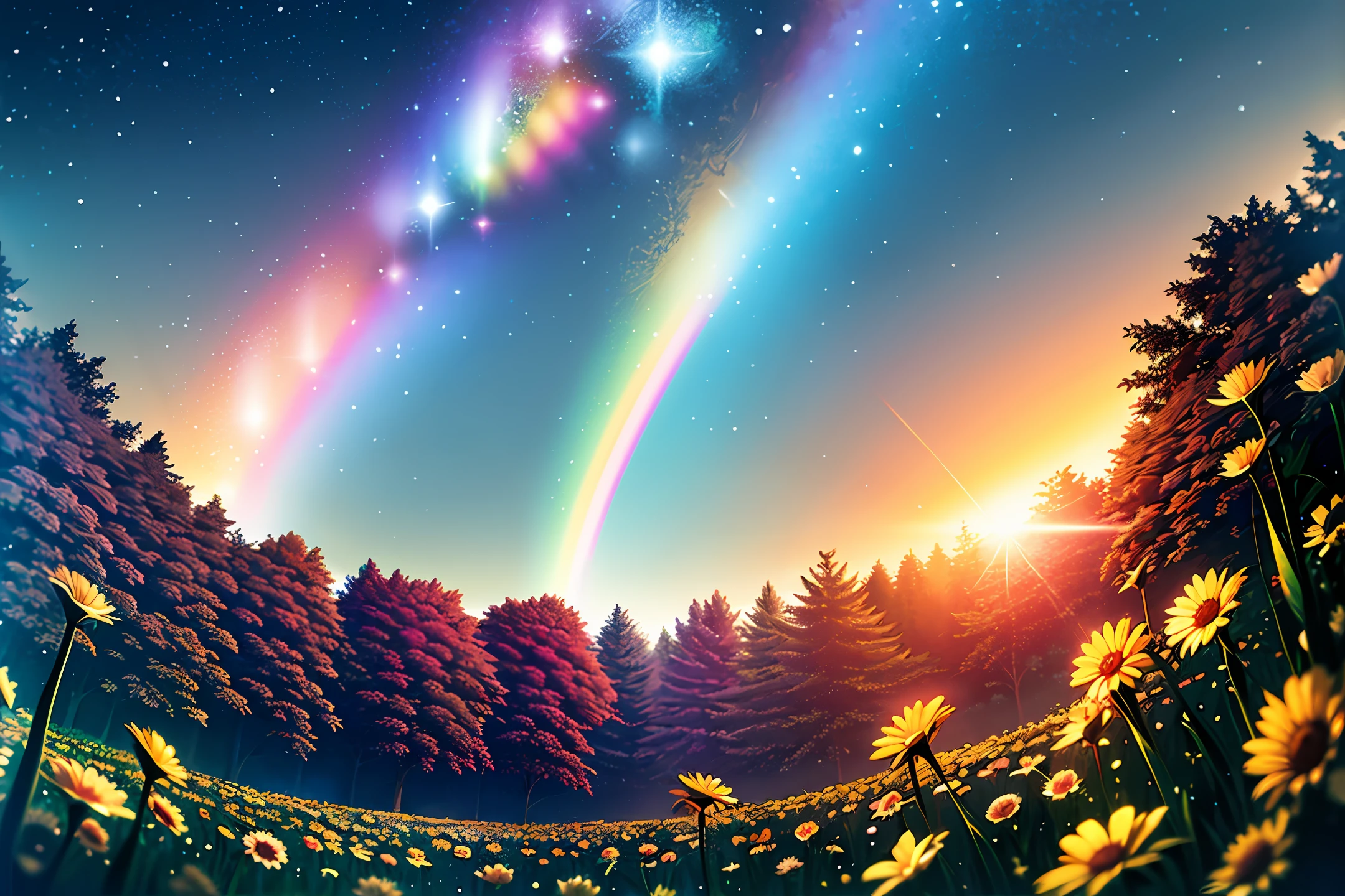 A wide landscape photo, (viewed from below, the sky is above, and the open field is below), a girl standing on a flower field looking up, (full moon: 1.2), (meteor: 0.9), (nebula: 1.3), distant mountains , Trees BREAK Crafting Art, (Warm Light: 1.2), (Firefly: 1.2), Lights, Lots of Purple and Orange, Intricate Details, Volumetric Lighting BREAK (Masterpiece: 1.2), (Best Quality), 4k, Ultra Detailed, (Dynamic Composition: 1.4), Rich in Detail and Color, (Rainbow Color: 1.2), (Glow, Atmospheric Lighting), Dreamy, Magical, (Solo: 1.2)