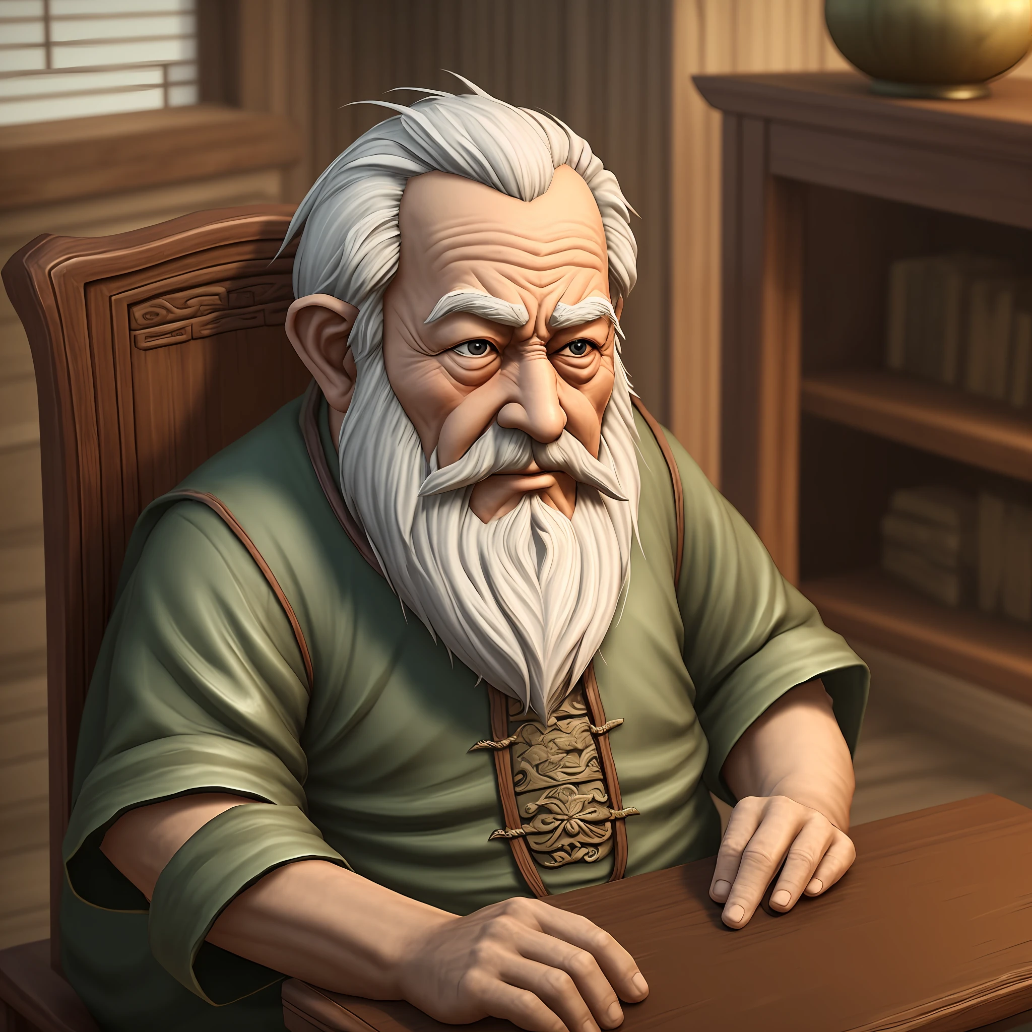 Gnome old man+Full of gray hair+Serious+liveroom+siting on the chair+Chinese ancient style+unreal-engine --auto --s2