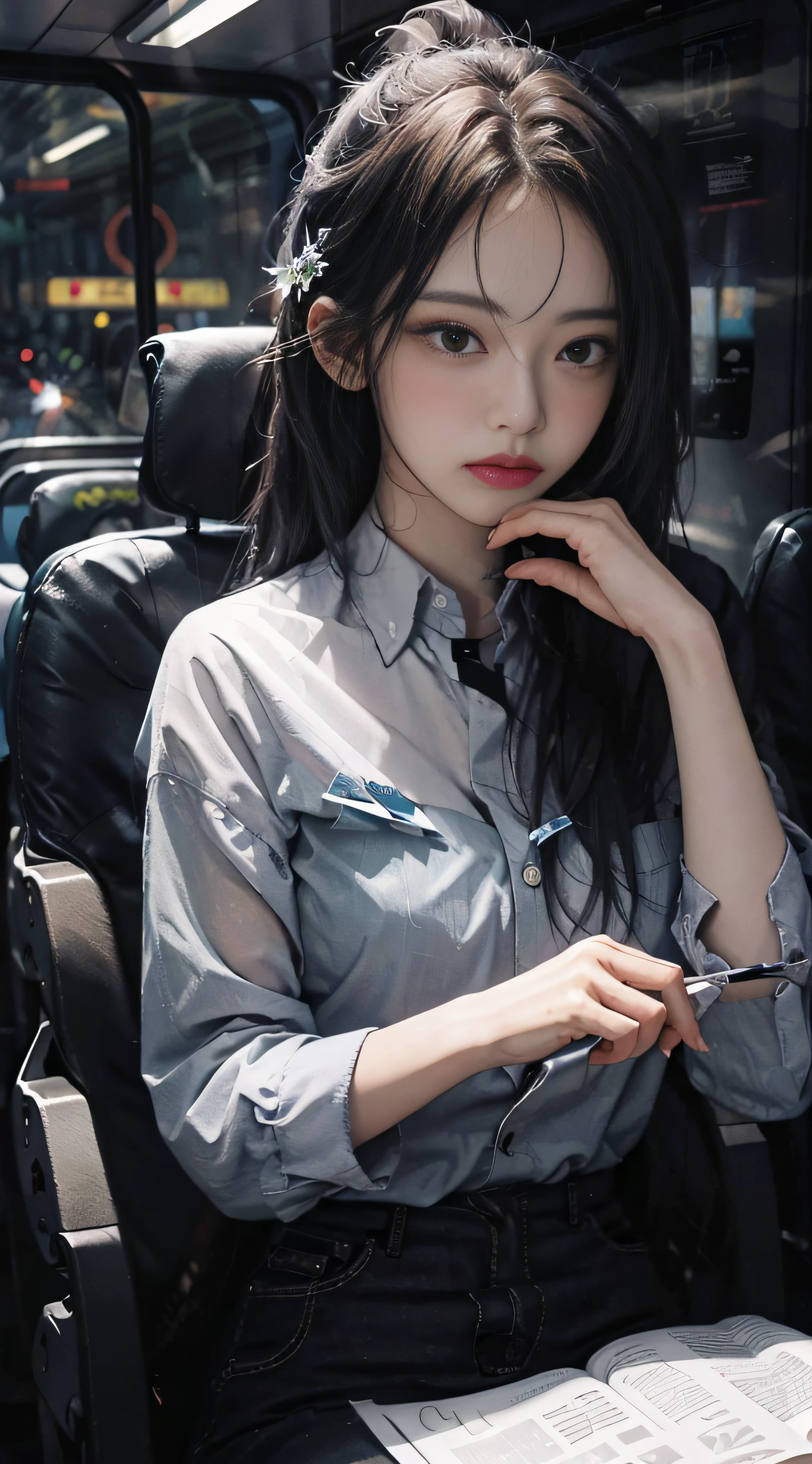 On the bus,rainy outside,professionattire, Confusion_long strip_Hair,Best quality,