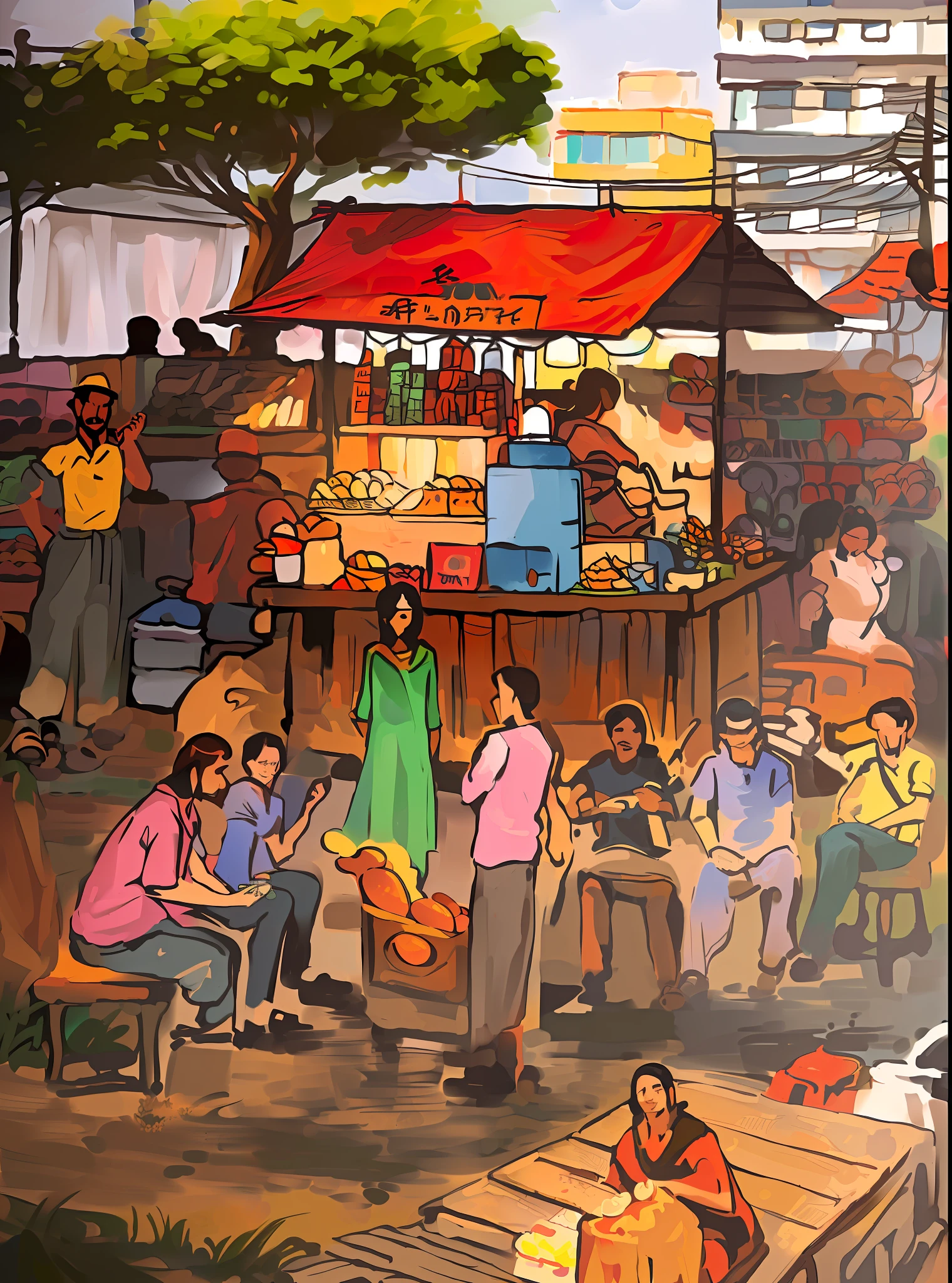 add details to the faces ,painting of a group of people sitting at a table in a market, tea stall, full color illustration, food stalls, market setting, with street food stalls, detailed scene, by Ingrida Kadaka, street market, colored illustration, illustration detailed, by Ramón Silva, by David Burton-Richardson, an illustration of, by Odhise Paskali, afternoon hangout,8k ,high quality .