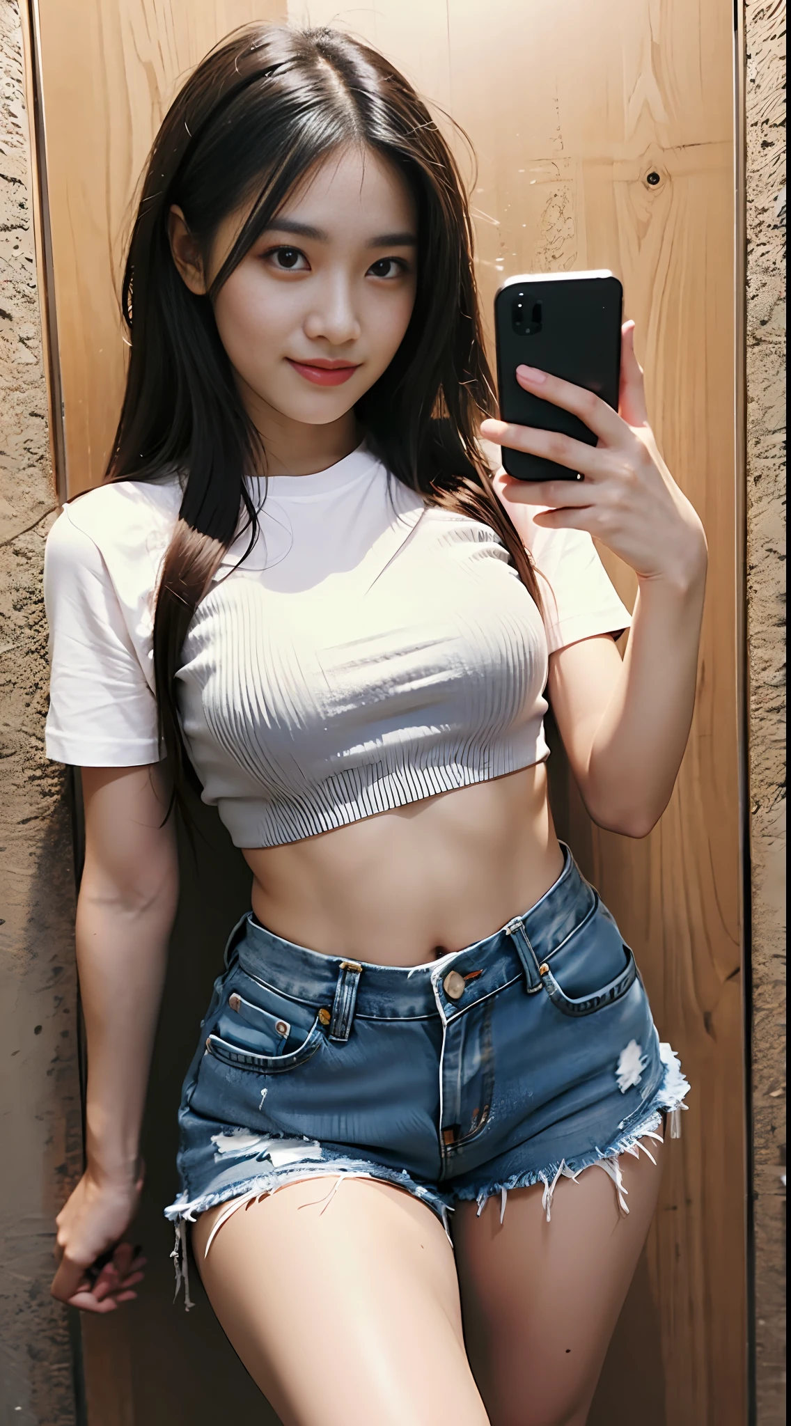 1 girl, solo, phone, shorts, cell phone, long hair, denim, brunet, iphone, midriff, navel, selfie, denim shorts, shorts, holding the phone, torn clothes, truncated, reality, holding, brown eyes, white shirt, crop top shirt, looking at the audience, shallow smile, real photo, HD texture,