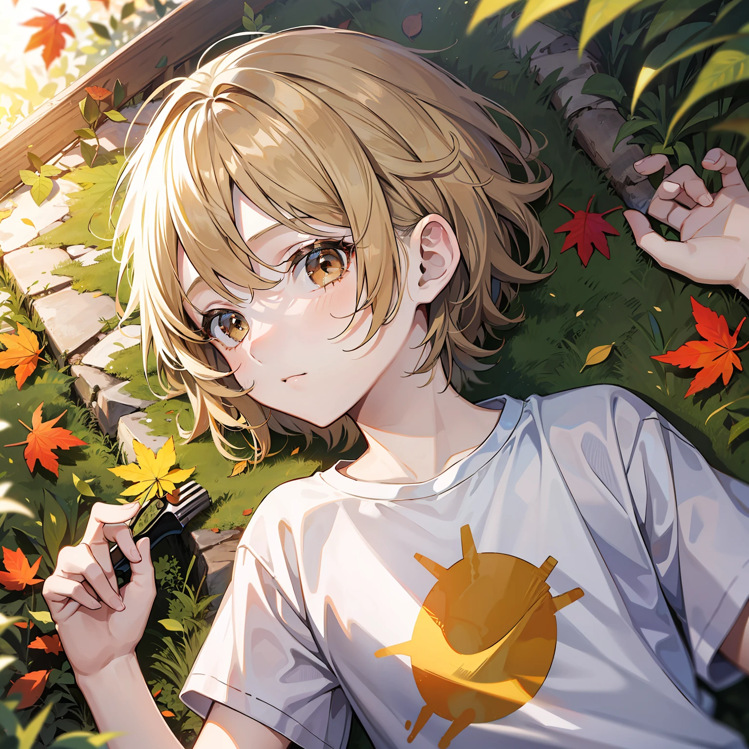12 year old boy(Relaxed、sun beam、Kind),Short blonde hair,Light brown eyes,White T-shirt,Pick up leaves,tmasterpiece,high high quality