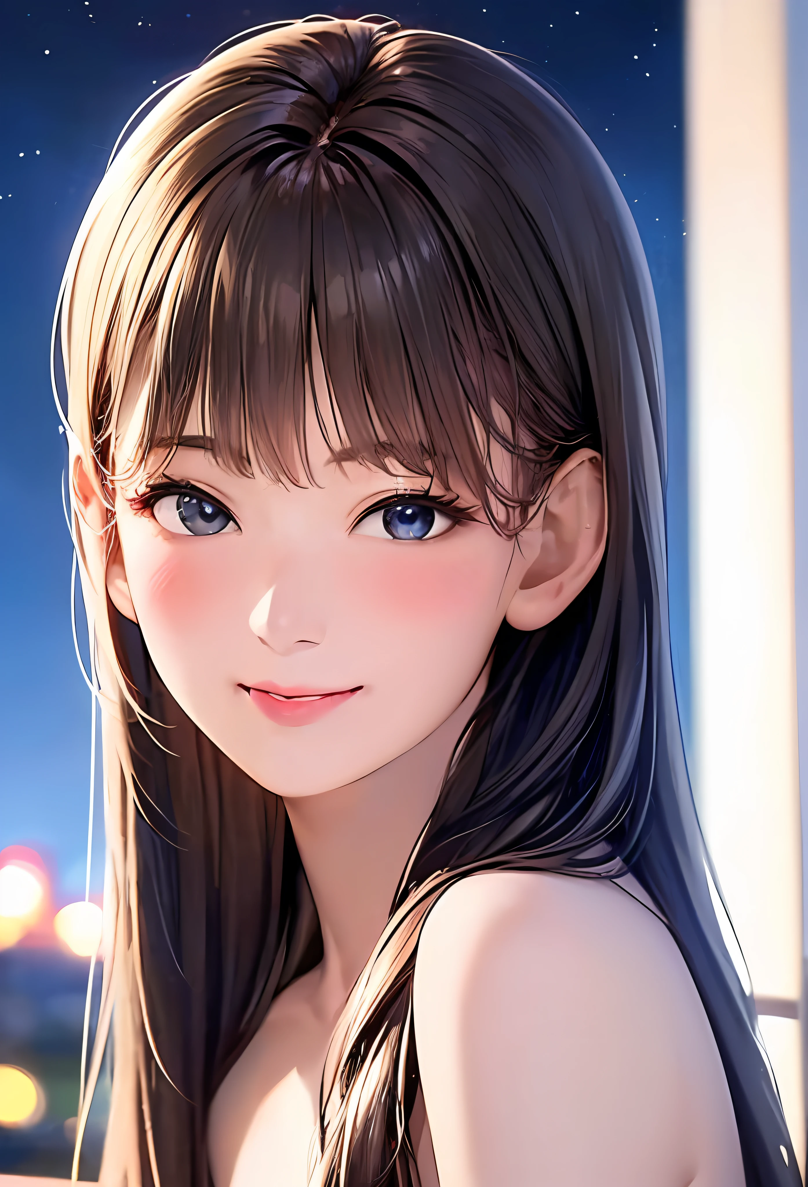 (8k, top quality, masterpiece: 1.2), (realistic, photorealistic: 1.37), super detailed, girl single, cute, solo, midnight, beautiful detailed sky, detailed café, sitting, date, (blush), (smile: 1.15), small breasts (mouth closed), beautiful fine eyes, floating hair NovaFrogStyle, back open dress