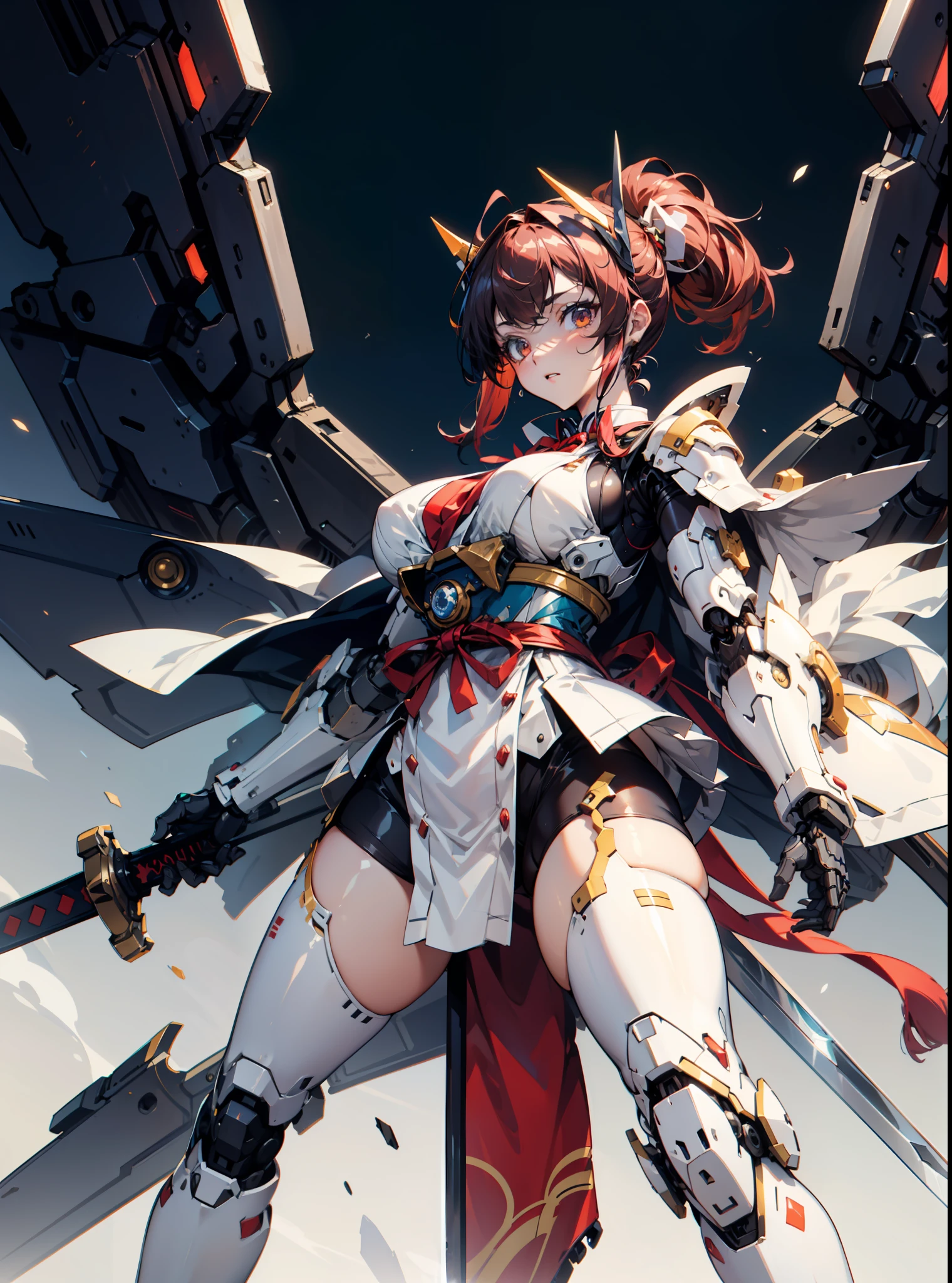 hyper quality, Hyper Detailed,Perfect drawing,Solo, Beautiful Girl, ​master piece, (mecha musume), Mechanical armor, Headgear, mechanical wings, holding huge gunSamurai wielding a sword, Black ponytail, Hair tied up with a large red ribbon, Equipped with two Japan swords ((extra huge oversize cool samurai_sword in hands, extra huge cool weapon machine)), open stance, actionpose,purgatory,