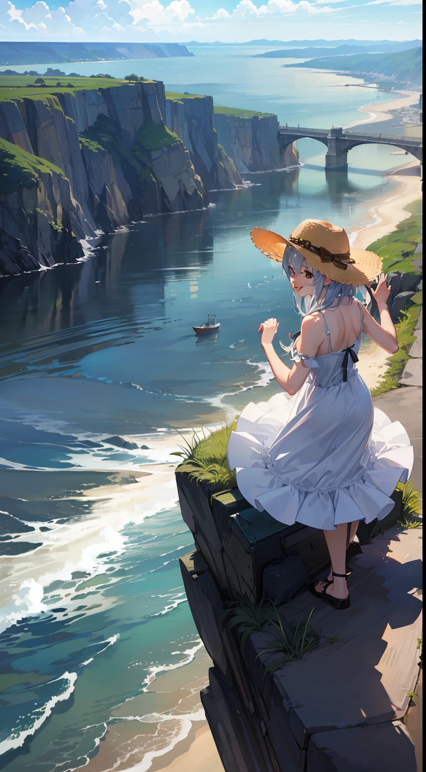 ((Put your hands on your hat)), ((Raise both hands)), ((Overlooking the sea)), 1 Whole body of a girl, elvish, has silver hair, Red Eyes, bob cuts, Braided hair, summer  dress, White Dress, Camisole, long  skirt, frilld, a straw fedora hat, Laughing, A smile, Seaside city, concept-art, beautiful anime scene, Beautiful anime scenery, beste-Qualit, ​masterpiece