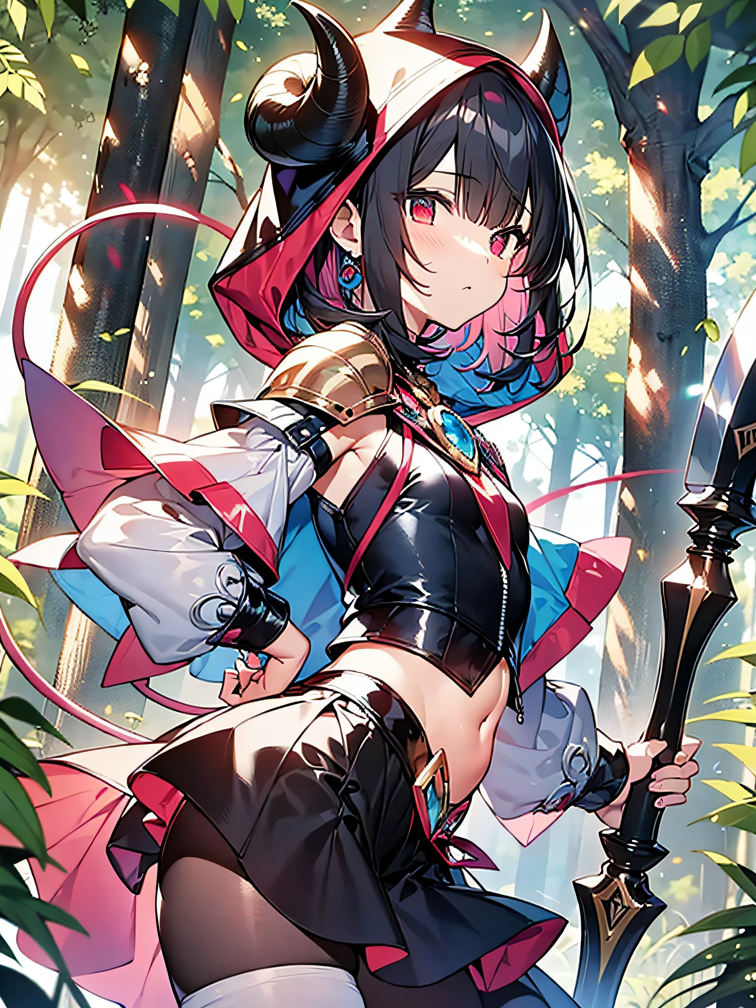 from side,white background, break {{flat coror}},{{{best quality}},{eroge,game CG,high quality game CG},,{{masterpiece}},,{{ultra-detailed}}, {{{{illustration}}}},, magical girl,brooch,{{{1girl}}},{{masterpiece}}, {{{best quality}}}, {{ultra-detailed}}, {{illustration}}, {{disheveled hair}},{{loli}},huge ass, very short hair,frilled skirt, frilled sleeves, frilled dress,gradient hair,black_pantyhose,{{green skin}}, red eyes, black hair, flat chest, small breasts,slit_pupils, bob cut,frilled armor, shoulder armor,black,armor,expressionless, navel, spiked armlet,,green face, monster girl,tail,barefoot,horn, muscular, she-hulk,[muscular female], demon horns, axe, holding axe,forest, hood, hood up, break,