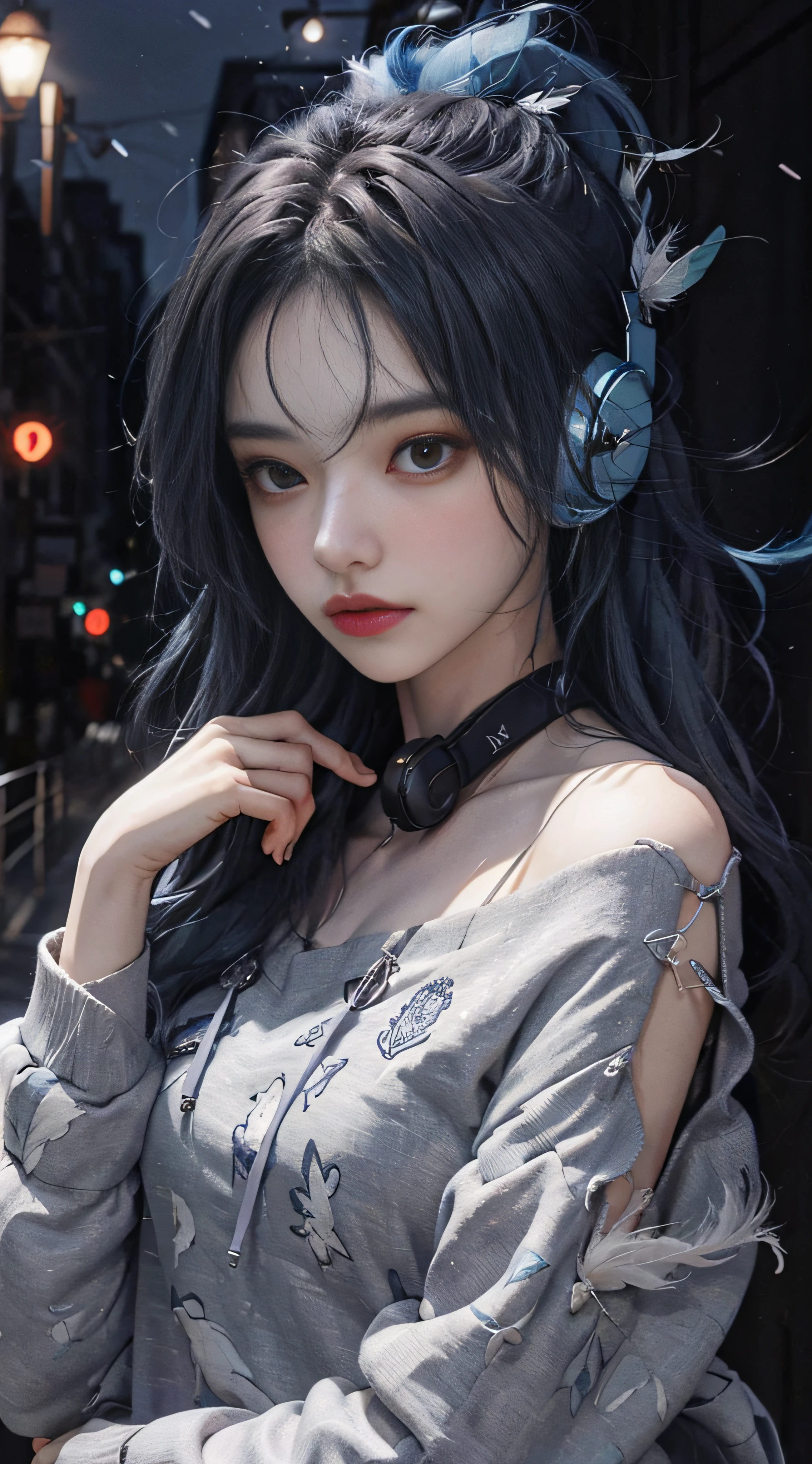 1 girl, hoodie, blue hair, extra long hair, off-the-shoulder, feather hair ornament, headphones around the neck, city, night, outdoors