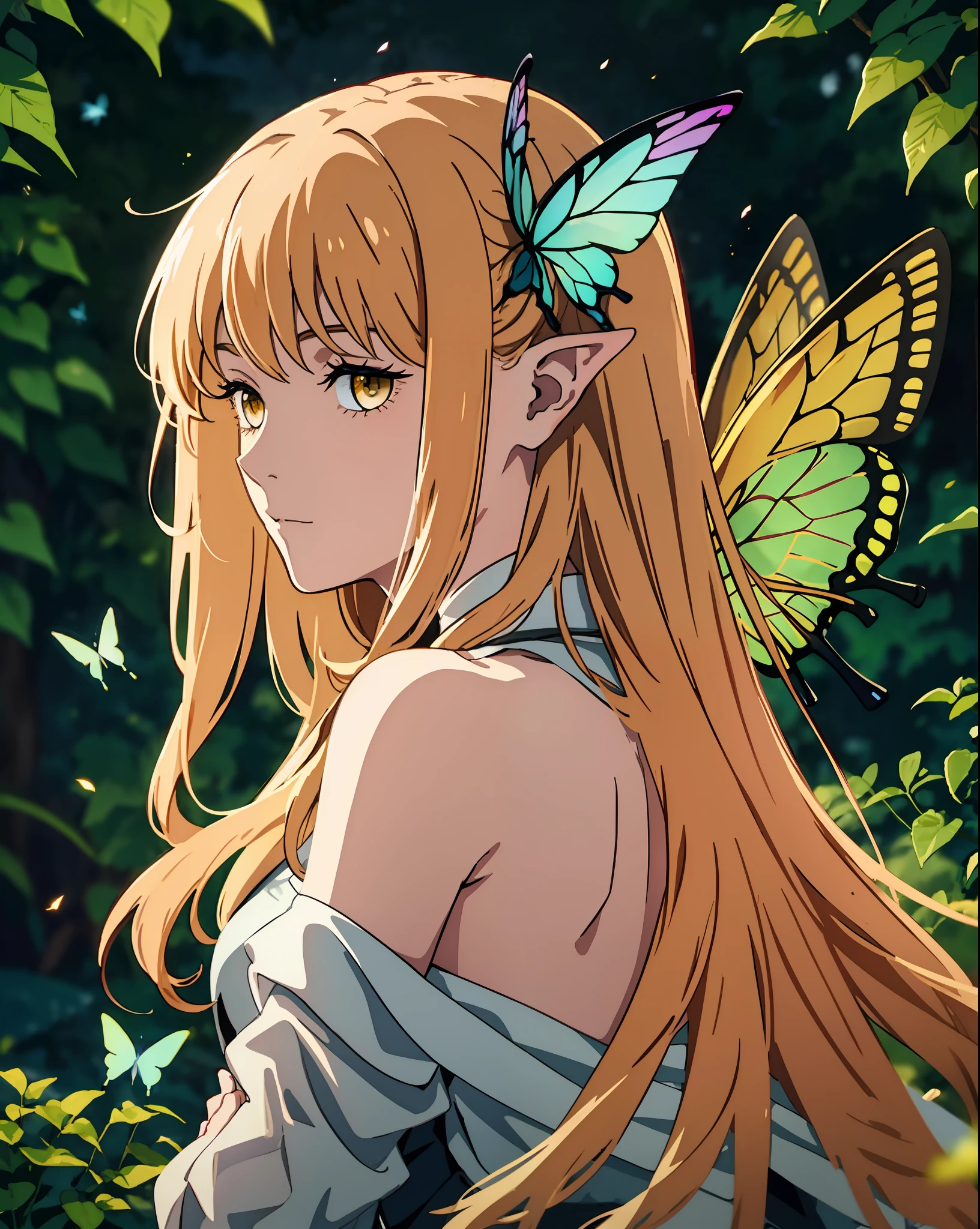 Golden Elf，Blonde girl with blond eyes，fairy queen，The back has transparent butterfly wings，Side side face，Upper body body