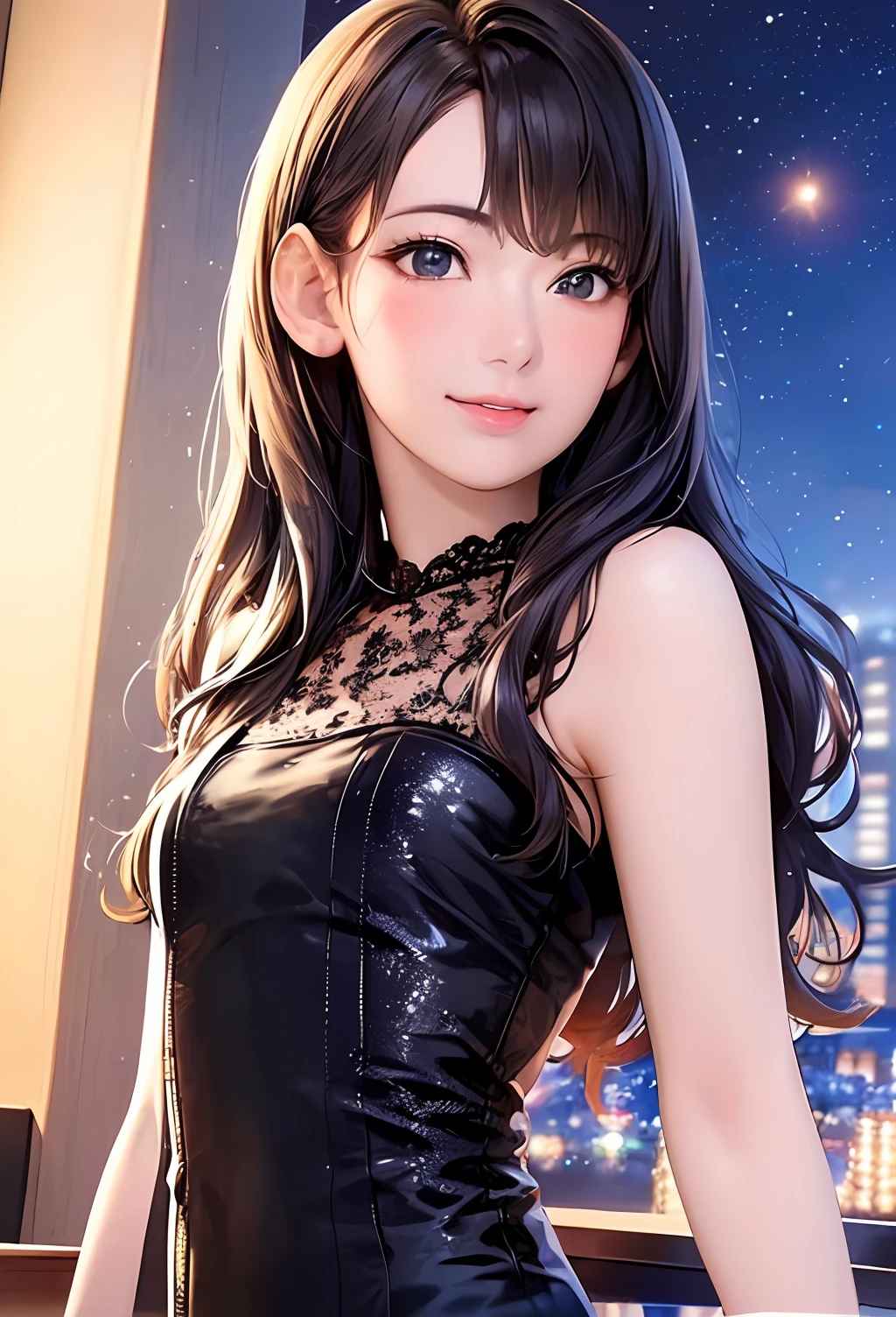 (8k, top quality, masterpiece: 1.2), (realistic, photorealistic: 1.37), super detailed, girl single, cute, solo, midnight, beautiful detailed sky, detailed café, sitting, date, (blush), (smile: 1.15), small breasts (mouth closed), beautiful fine eyes, floating hair NovaFrogStyle, back open dress