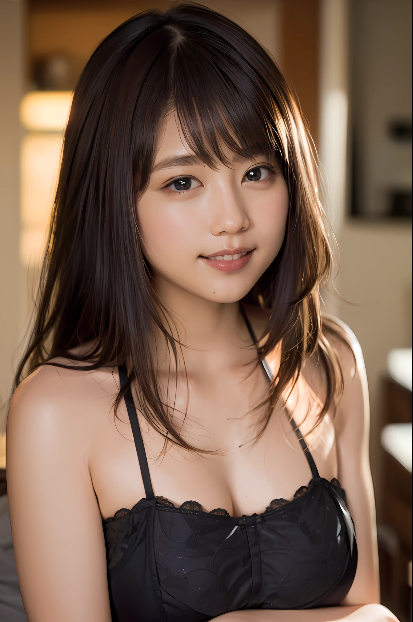 (8k、RAW Photos、beste-Qualit、masterpiece:1.2)、(realisitic、photorealisitc:1.37)、ultra-detailliert、Super-High Resolution、Full body sexy pose girl 1 person、see the beholder、beautifull detailed face、a smile、tusk、(feathercut: 0.6)、bra very、pantiy、Nipple erection、Camel tow、profesional lighting、Detailed room、inside the house、