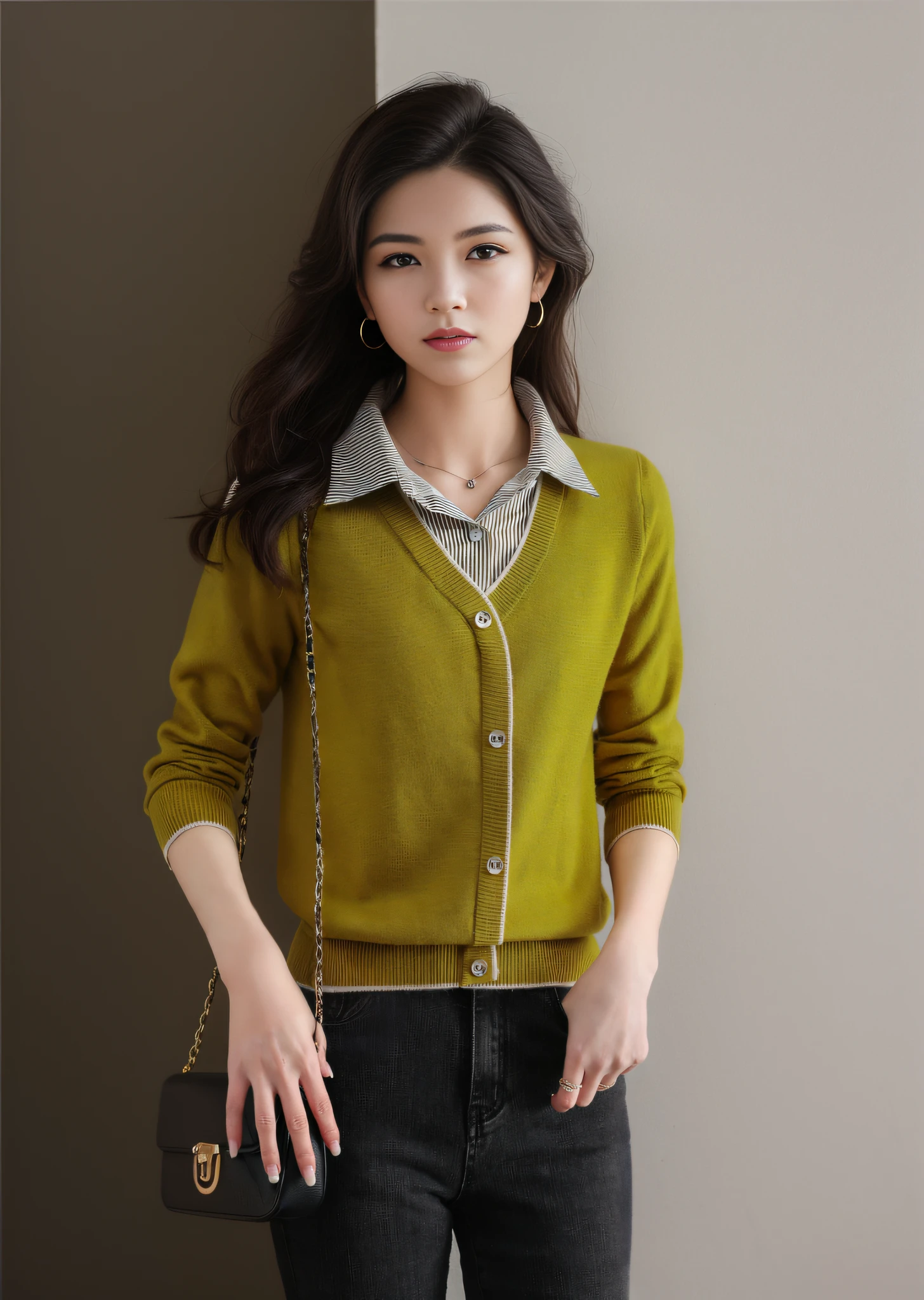 8K，Thirty Years Female，Temperament，Korean model，Fine fine skin，highly detaile，Digital photography，surrealism painting，beatifull（tmasterpiece，Sideslit，Fine beautiful eyes：1.2），prette，high qulity，Original Drawing，Realistic details of skin，cabelos preto e longos，Natural light and shadow，sharp fokus，Ultra-fine face，photo-realistic，standingn，High details，cinmatic lighting，The ultra -The high-definition，Anatomical correct，best quailty，stylish outfit，Official Product Pictures，product introduction photos，