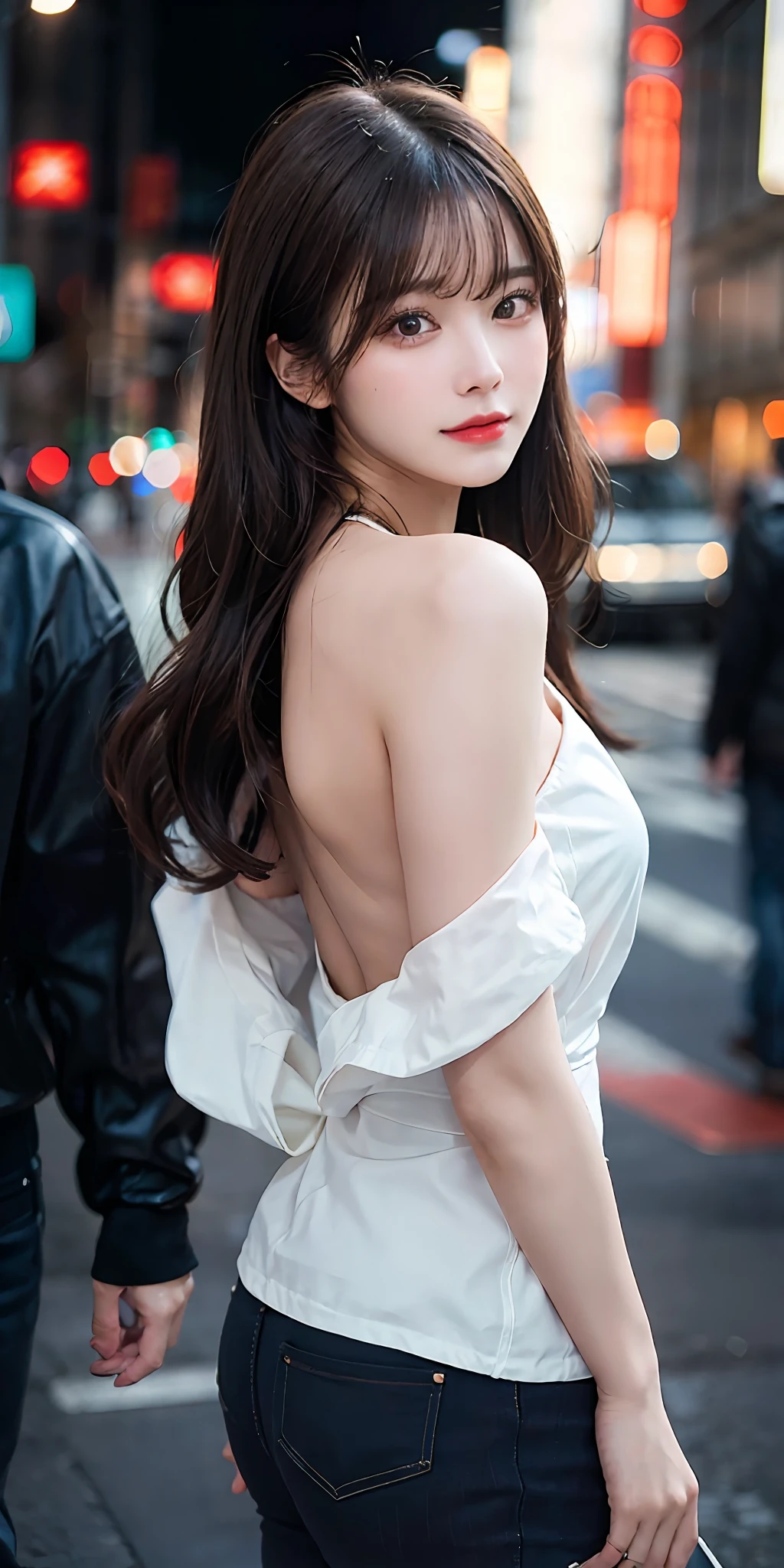 Full face portrait photo of a 25-year-old European girl, RAW, beautiful woman, semi-open strawberry lips, dimples, wistful look, (extra long wavy brown hair), ((detailed face)), ((detailed facial features)), (finely detailed skin), pale skin, (deep neckline detailed high-tech cyberpunk dress), cyberpunk megacity environment, (cool colors), damp, damp, reflections, (masterpiece) (perfect proportion)(realistic photo)(best quality) (detailed) shot on a Canon EOS R5, 50mm lens, F/2.8, HDR, (8k) (wallpaper) (cinematic lighting) (dramatic lighting) (sharp focus) (intricate), RAW photo, RAW photo, gigachad photo, posing for camera, black jeans, back arms, 8k uhd, dslr, high quality, grain film, Fujifilm XT3