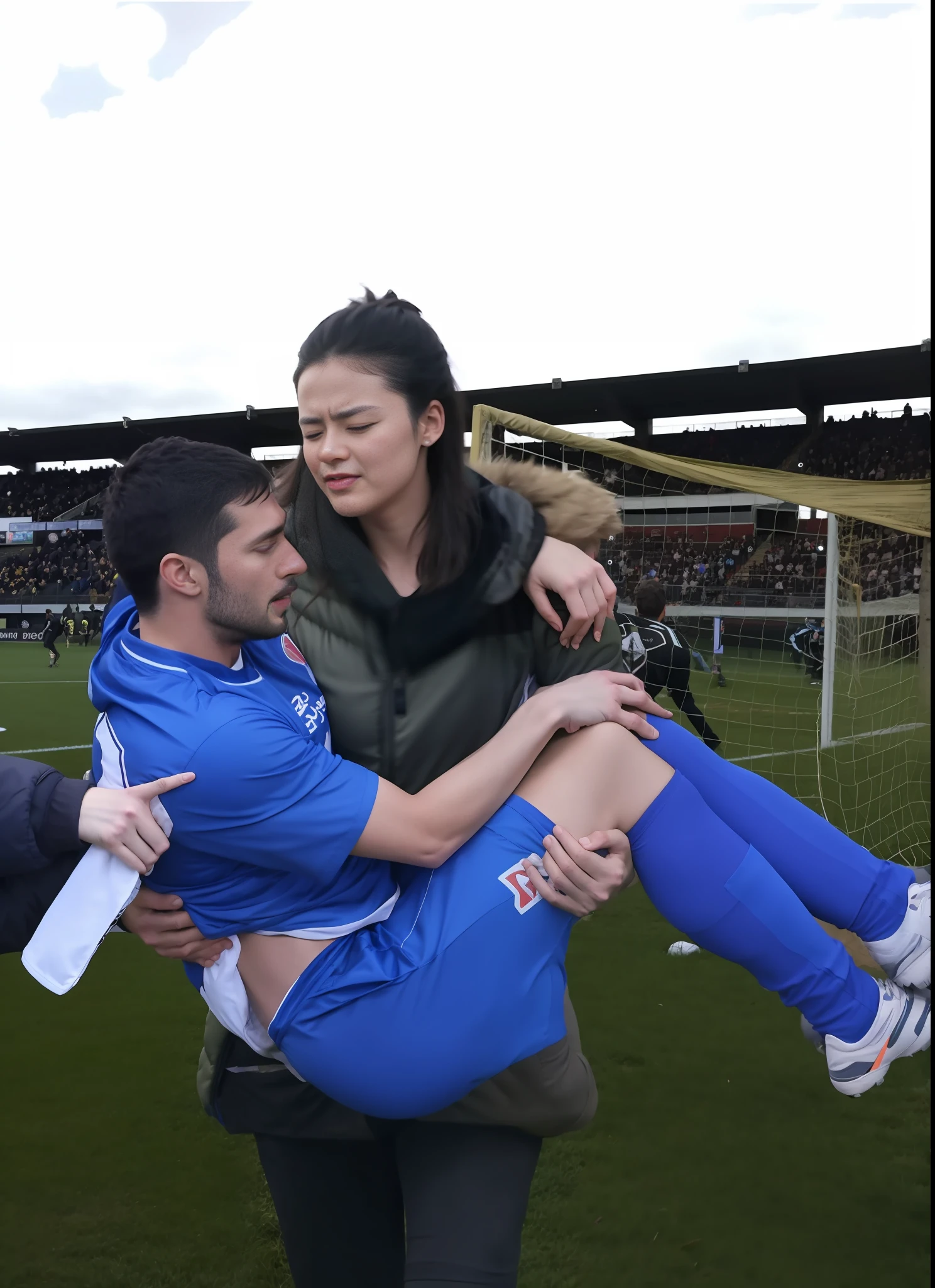 soccer action pose, affection pose, lecherous action pose, dramatic action pose, theatralic pose, there is an attractive woman that is carrying a skinny man, there is a beautiful woman in a shiny coat who is carrying a blond man in her arms, a longhaired beautiful woman in a high-shine black puffy coat, a longhaired woman in a shiny downcoat, a woman is carrying a shorthaired man who is wearing matte cotton shorts and a matte cotton t-shirt, a weak man in matte cotton sports shorts is consciousless and needs to be carried, a shorthaired man with closed eyes is carried in the arms of a longhaired woman, a woman looks very scared and terrified, a consciousless man with closed eyes is suffering very much and has a very painful face, photo, photo shoot, photographed , accident, help, aid, first aid, pity