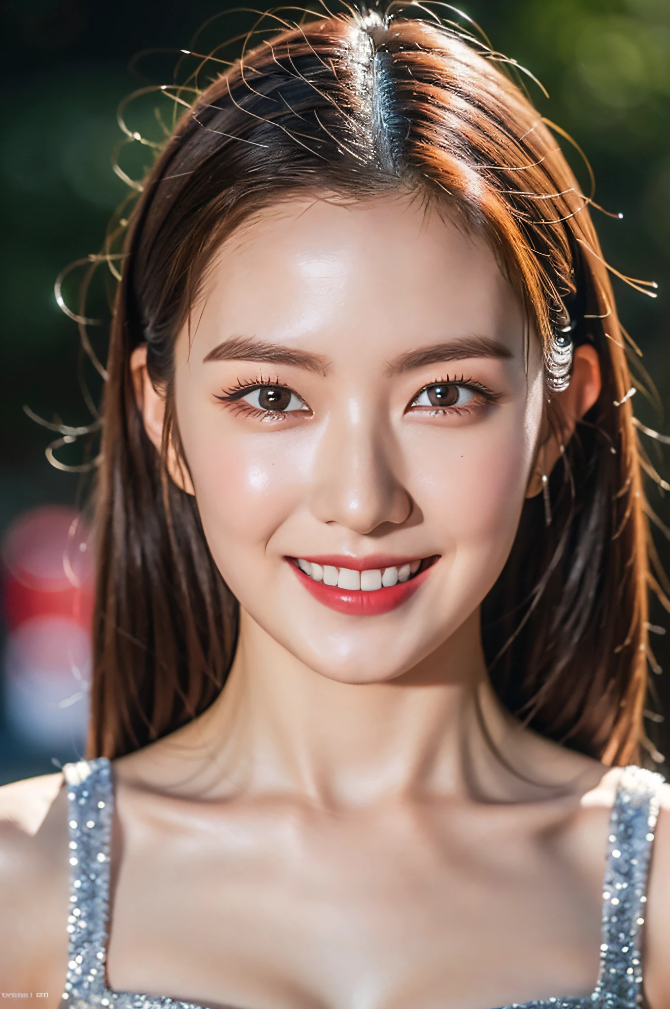 (wearing a glittery dress),(RAW photo, Best quality), (Realistic, photo-realistic:1.4), 巨作, An extremely delicate and beautiful, Extremely detailed, 2k wallpaper, Amazing, finedetail, Extremely detailed CG unity 8k wallpaper, Ultra-detailed, A high resolution, Soft light, Beautiful detailed girl, Extremely detailed eyes and face, Beautiful detailed nose, Beautiful detailed eyes,Cinematic lighting,city light at night,Perfect ???????,Slender body,Smiling
