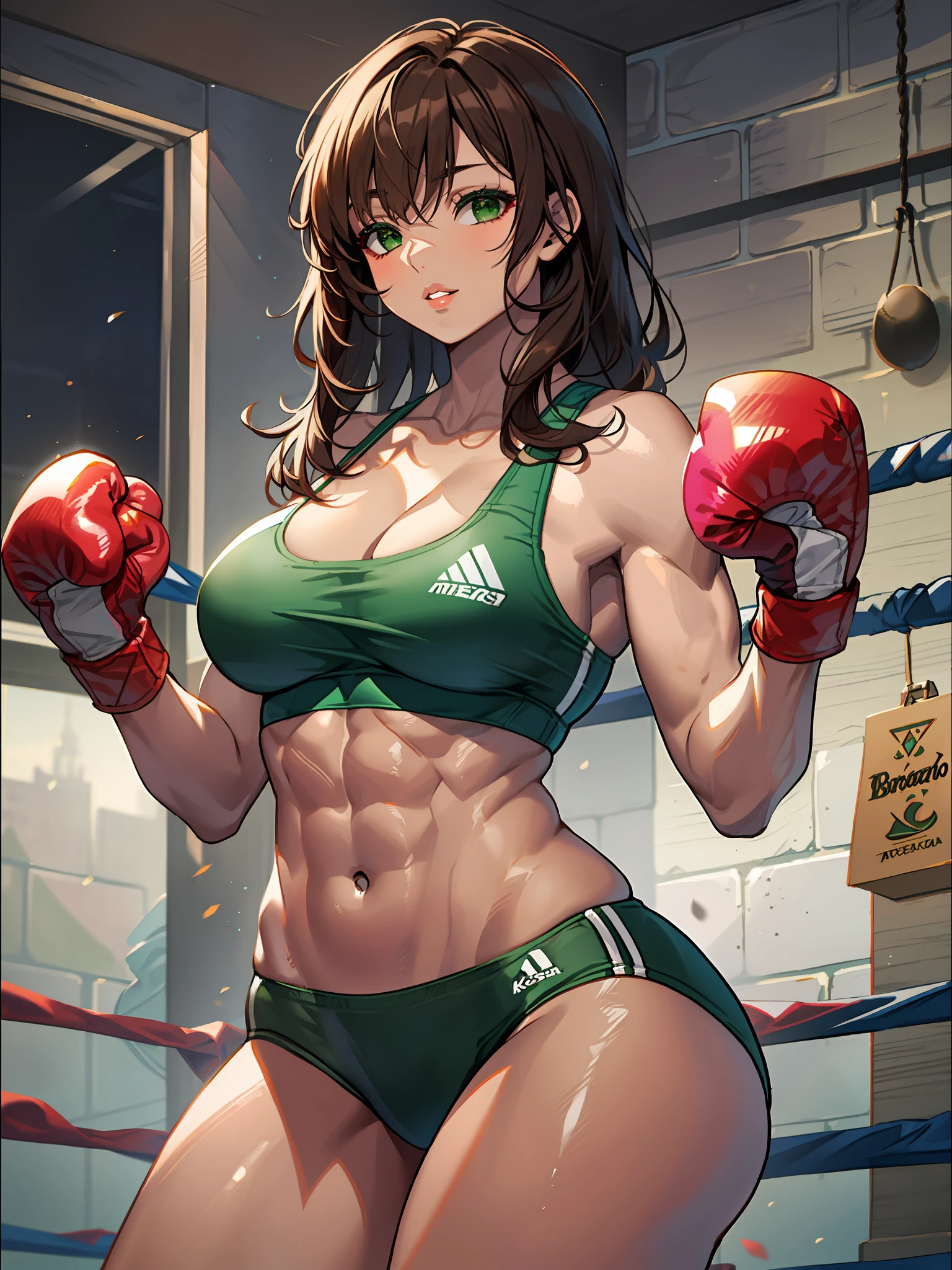 Female Boxers、Brown hair、shorth hair、Fetishes、((Brown skin))、musculine、Long body、Green Sports Bra、Boxing gloves、thick lips、kiss face、abdominals、Latino、Brazilian、South America