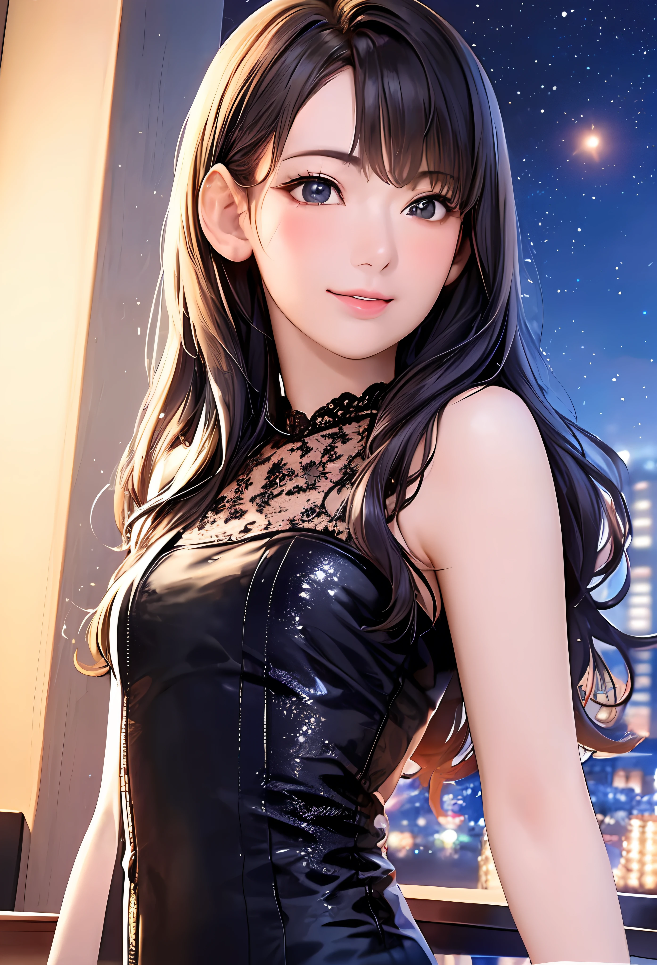(8k, top quality, masterpiece: 1.2), (realistic, photorealistic: 1.37), super detailed, girl single, cute, solo, midnight, beautiful detailed sky, detailed café, sitting, date, (blush), (smile: 1.15), small breasts (mouth closed), beautiful fine eyes, floating hair NovaFrogStyle, back open dress