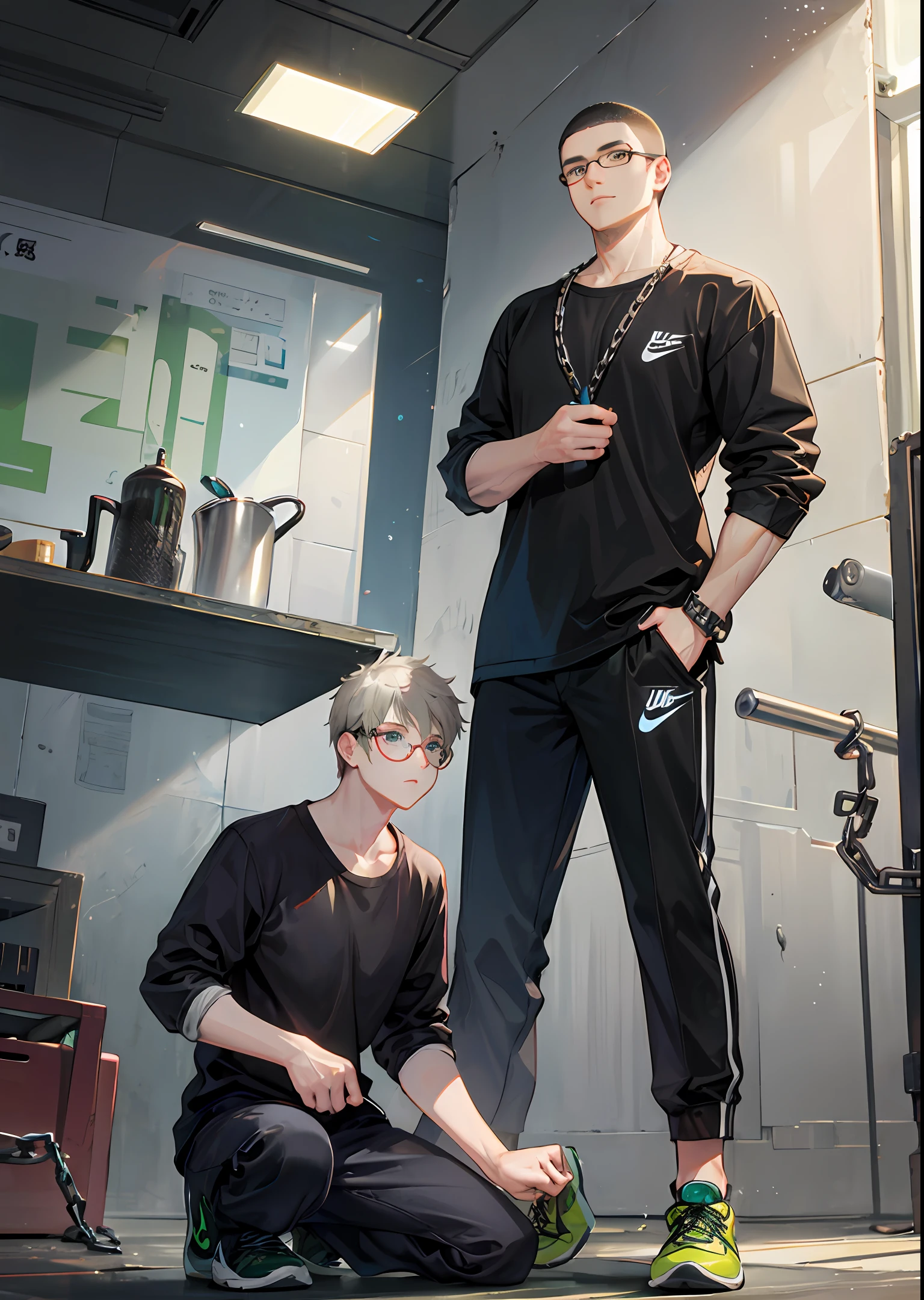 Male humans，The body size is relatively large，Wearing glasses，There are iron chains on the arms and hands，brush cut，Green Nike shoes，Likes to hit people。