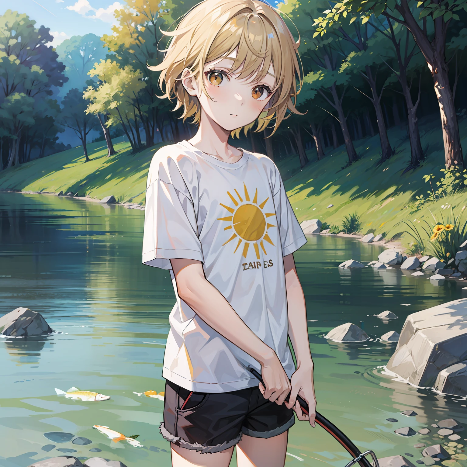 12 year old boy(Relaxed、sun beam、Kind),Short blonde hair,Light brown eyes,White T-shirt,By the small river,fishing,tmasterpiece,hightquality
