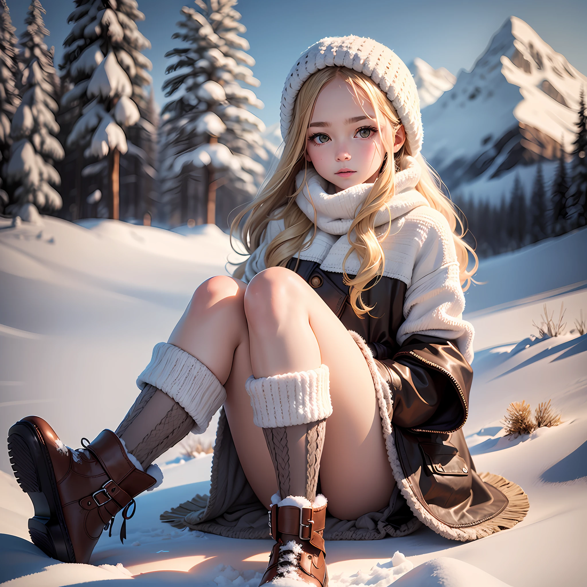MASTERPIECE:1.4), (award winning photo), SET: Snowy Mountains | shot with CAMERA MODEL: Sony A7R IV | CAMERA LENS: 24-70mm f/2.8 GM | SPECIAL EFFECTS: Natural lighting | (ung_girl ?_11years_old:1.3), long blonde hair, extremely detailed face features, extremely delicate, extremely detailed golden eyes, wearing a sexy warm crochet, revealing cozy winter outfit, stockings,snow boots, posing in front of a stunning snowy mountain backdrop, full body view, exhibitionism:1.3