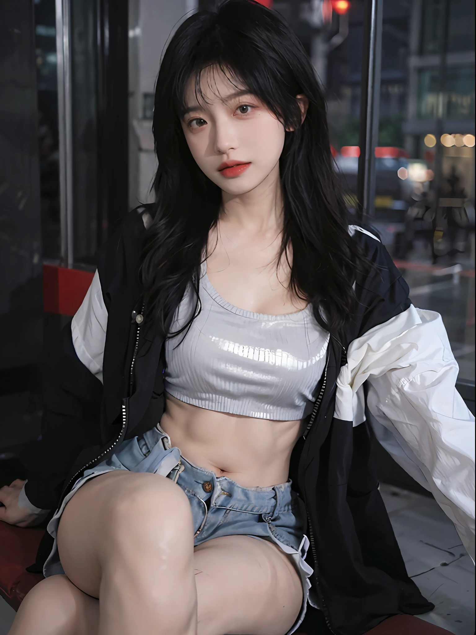 best quailty,tmasterpiece,super high-RES,(true to life:1.4),1girlhugebreasts,oral sexy,(Open black coat),(Red bandeau top:1.5),Red bandeau top,(denim short),(Night atmosphere:1.5), Glowing skin,detailed eye, 双眼皮,length hair,fair white skin,Sitting charmingly on a tall building, Long thin legs