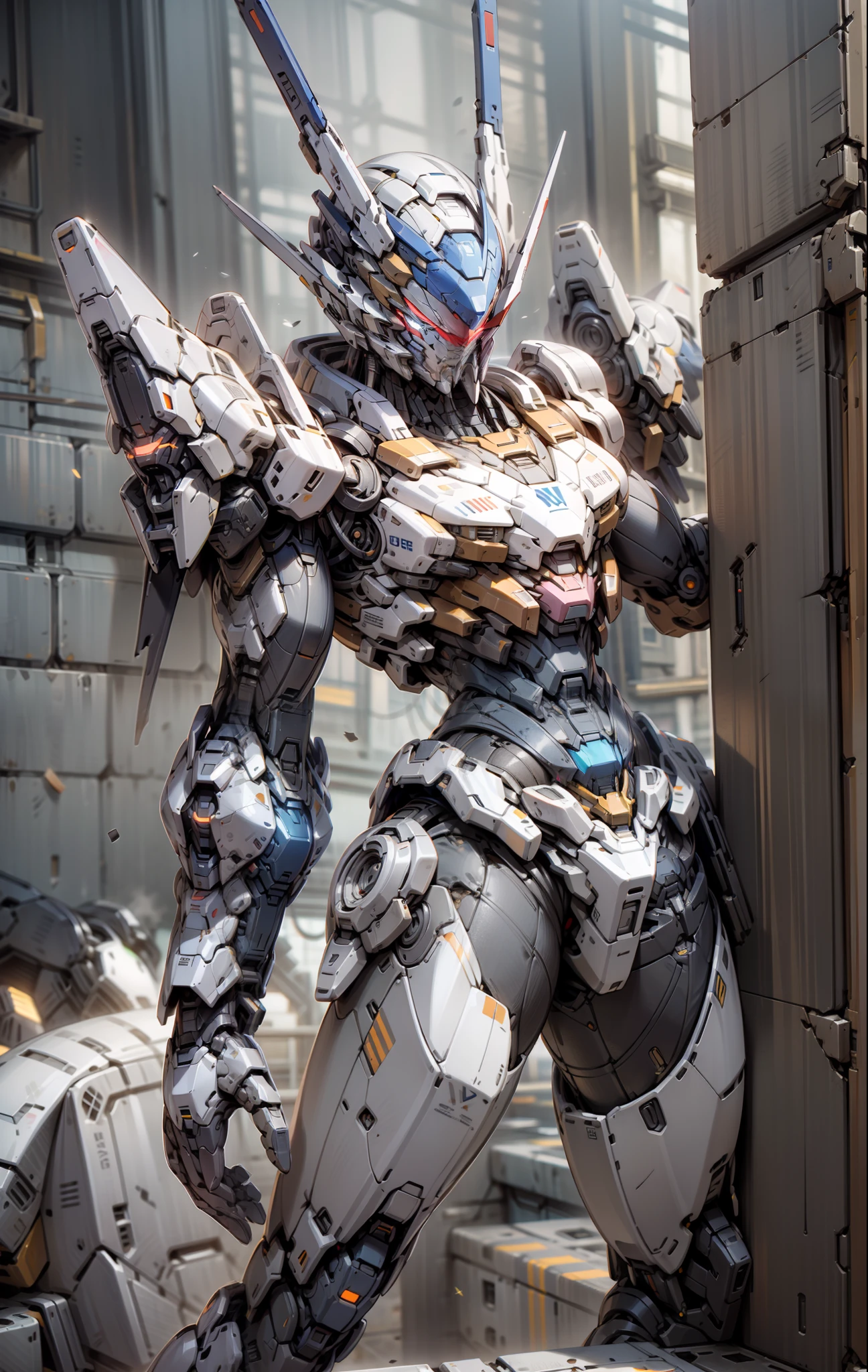 Damaged Gundam, blue glowing eyes, tilted position, chest shot, white, blue, red, complex mech
Armor, volumetric lighting, rendered in Octane, high detail 5--s 750--niji 5