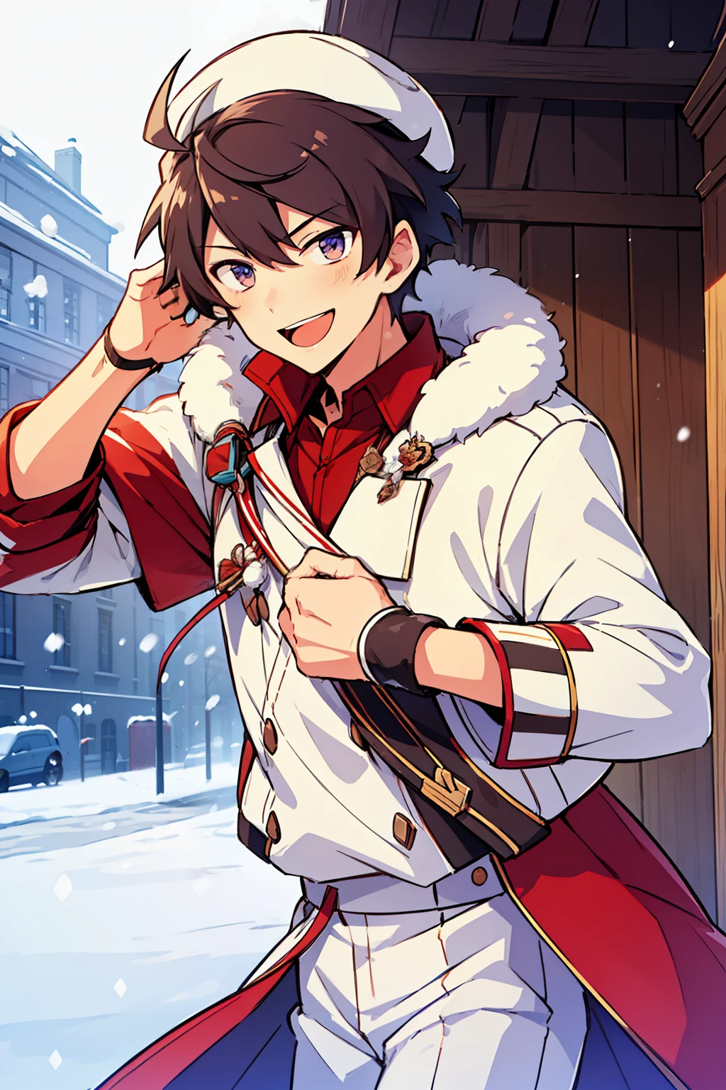 (high-quality, breathtaking),(expressive eyes, perfect face), 1boy, male, solo, short, young boy, brown hair, red eyes, smile, white winter outfit, snow, hat