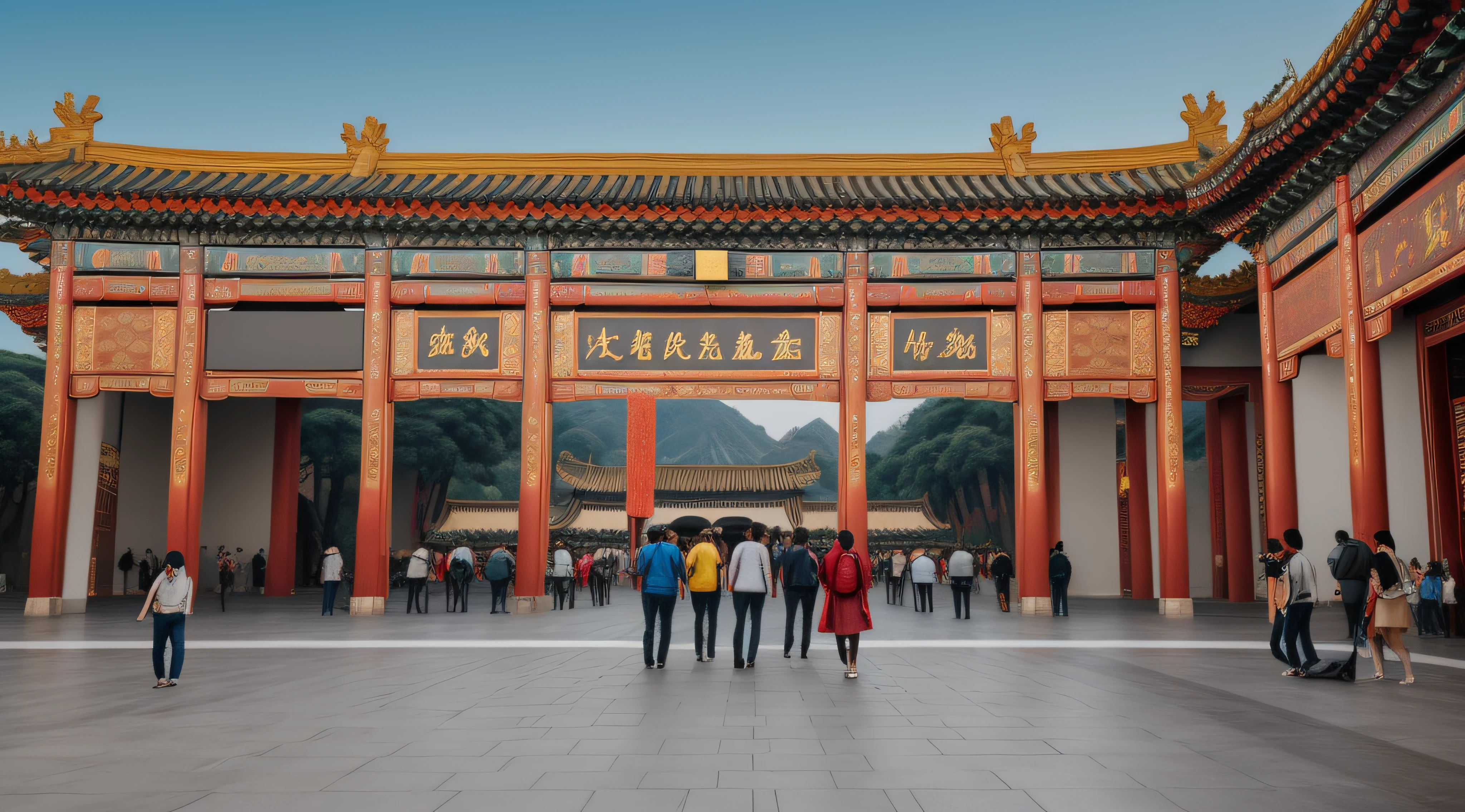 Muralha da china , china , pessoas diferentes vestidas no local , ( sem deformidades) , olhos sem deformidades , dia bonito , perfect  lighting , melhor qualidade, best resolution , 8k , obra prima