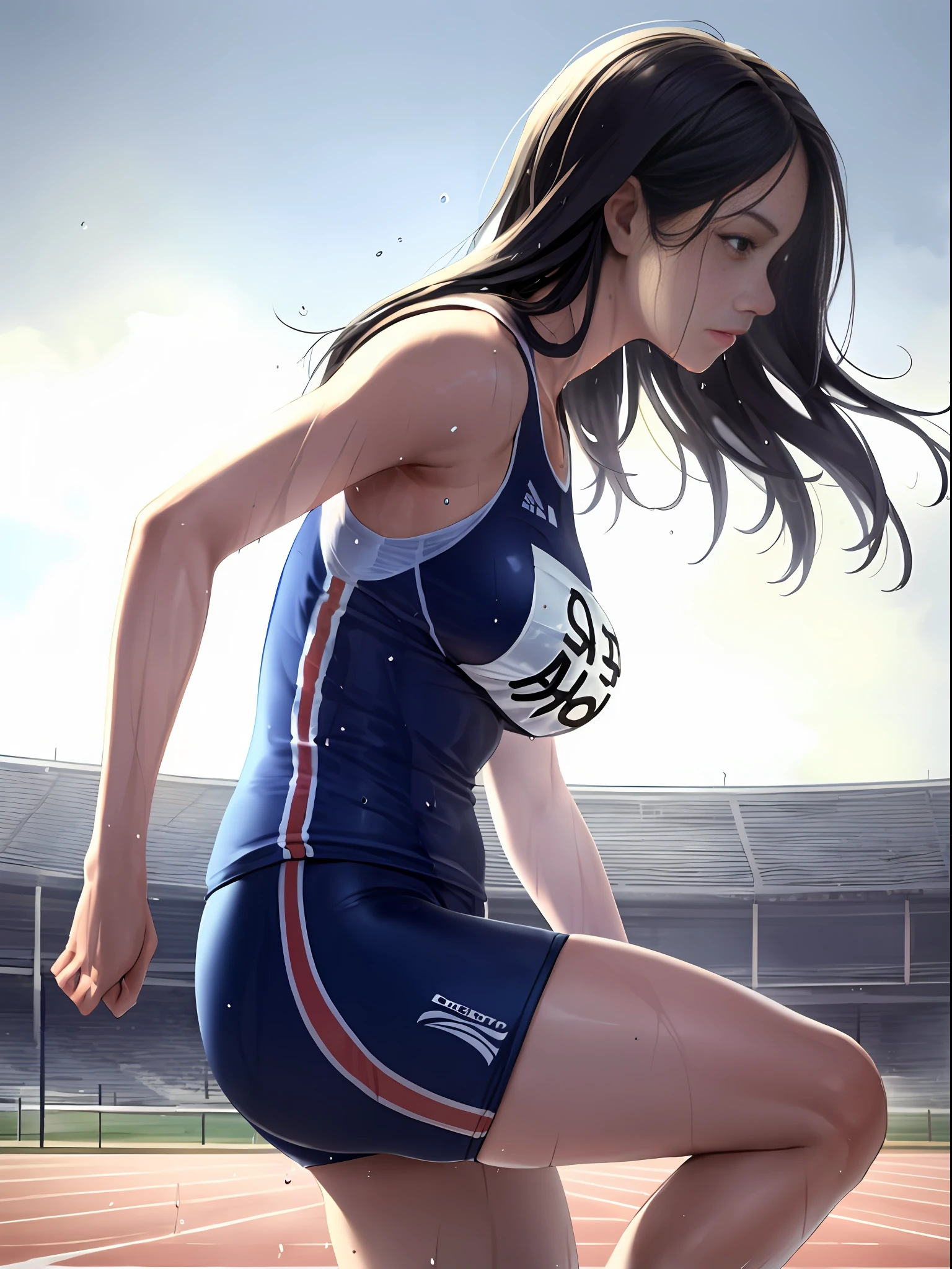 masutepiece,super detailed realistic illustration,1beautiful girl,Track and field uniform,large breasts,Slim body,nice legs,wet skins sweat,track and field,Dramatic light,From Side