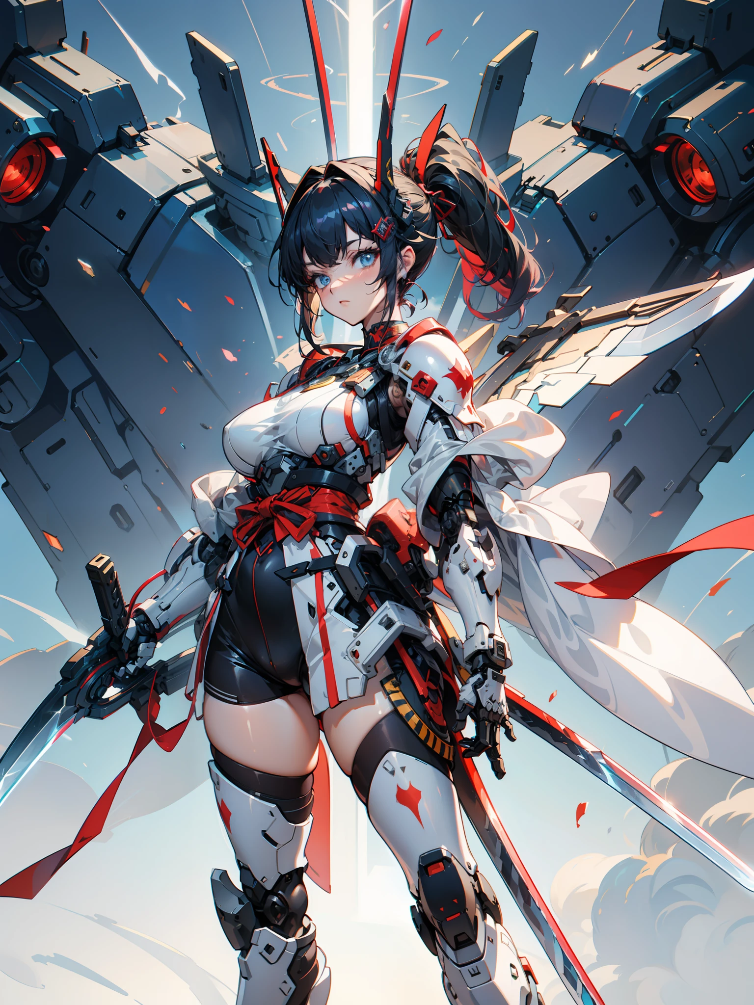 hyper quality, Hyper Detailed,Perfect drawing,Solo, Beautiful Girl, master piece, (mecha musume), Mechanical armor, Headgear, mechanical wings, holding huge gunSamurai wielding a sword, Black ponytail, Hair tied up with a large red ribbon, Equipped with two Japan swords ((extra huge oversize cool samurai_sword in hands, extra huge cool weapon machine)), open stance, actionpose,purgatory,