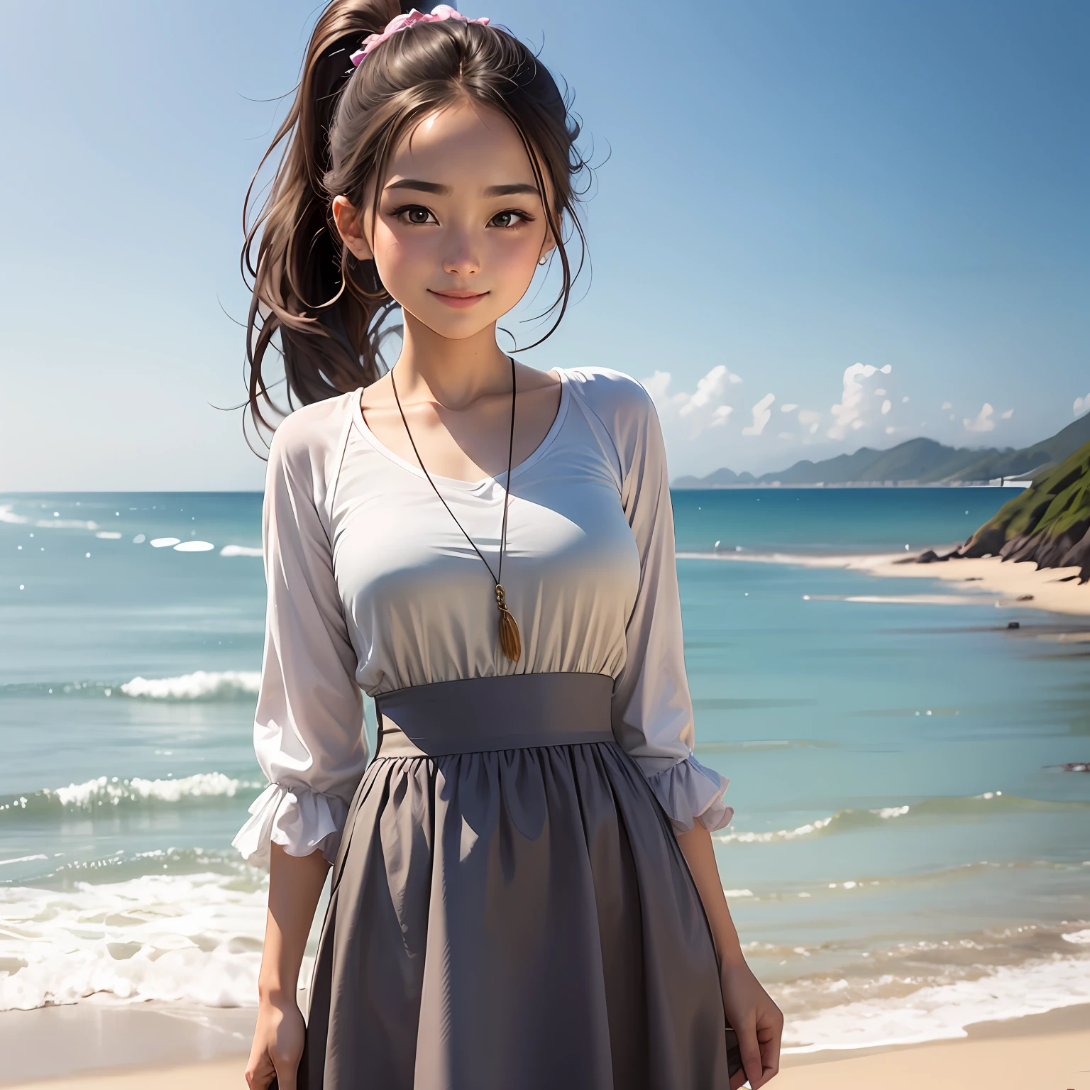 The 15-year-old goddess with a high ponytail stands straight There is only one person in the picture, soft and sweet expression, Smile, realistic dress, simple clothes: Korean style girls, beach, Big eyes, Long face Long sleeves