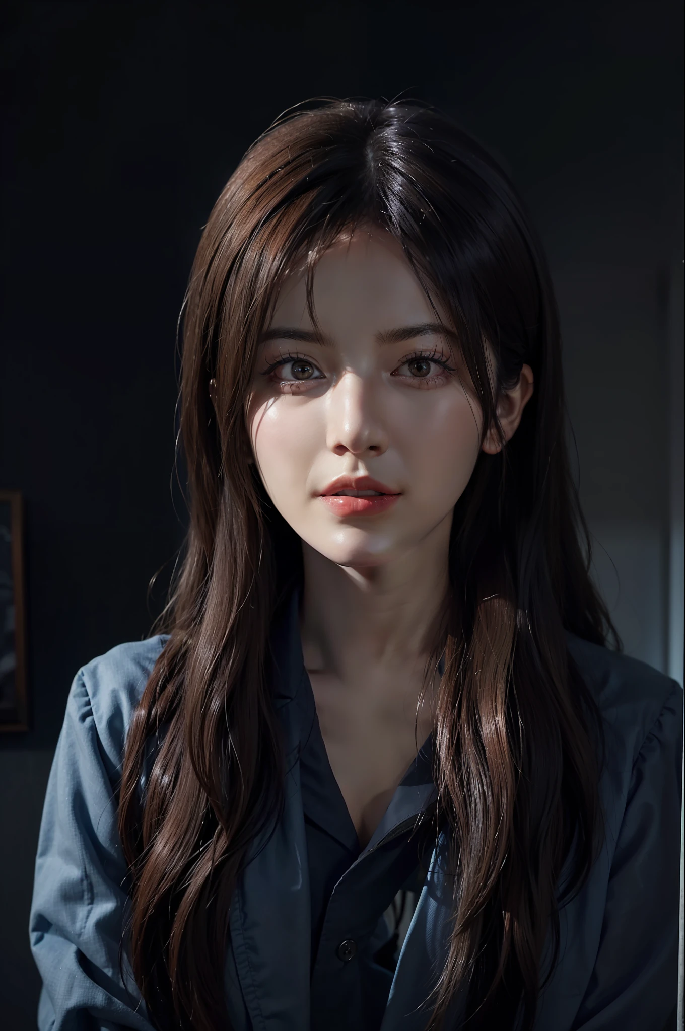Hyperrealist portrait of female by david hockney and alphonse mucha,fantasy art, photo realistic, dynamic lighting, artstation, poster, volumetric lighting, very detailed faces, 4 k, award winning,, 1girl, in the dark, deep shadow, low key,cowboy shot,(official clothing:1.4) ,long hair,white hair,