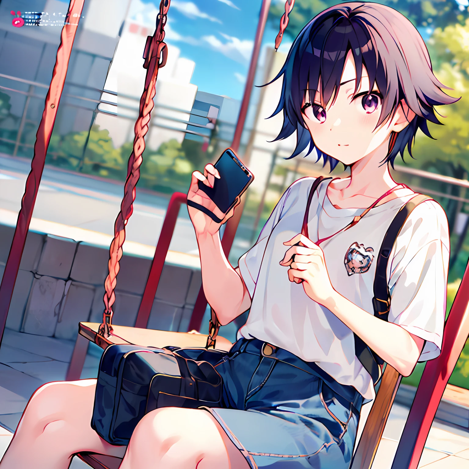 Close-up of a person sitting on a swing holding a mobile phone, ( ( ( yoshinari yoh ) ) ), as an anime character, makoto kano, inspired by Hisui Sugiura, sakimichan, New Xiangcheng, Makoto Shinkai style, Kawasi, in an anime style, shuushuu anime image