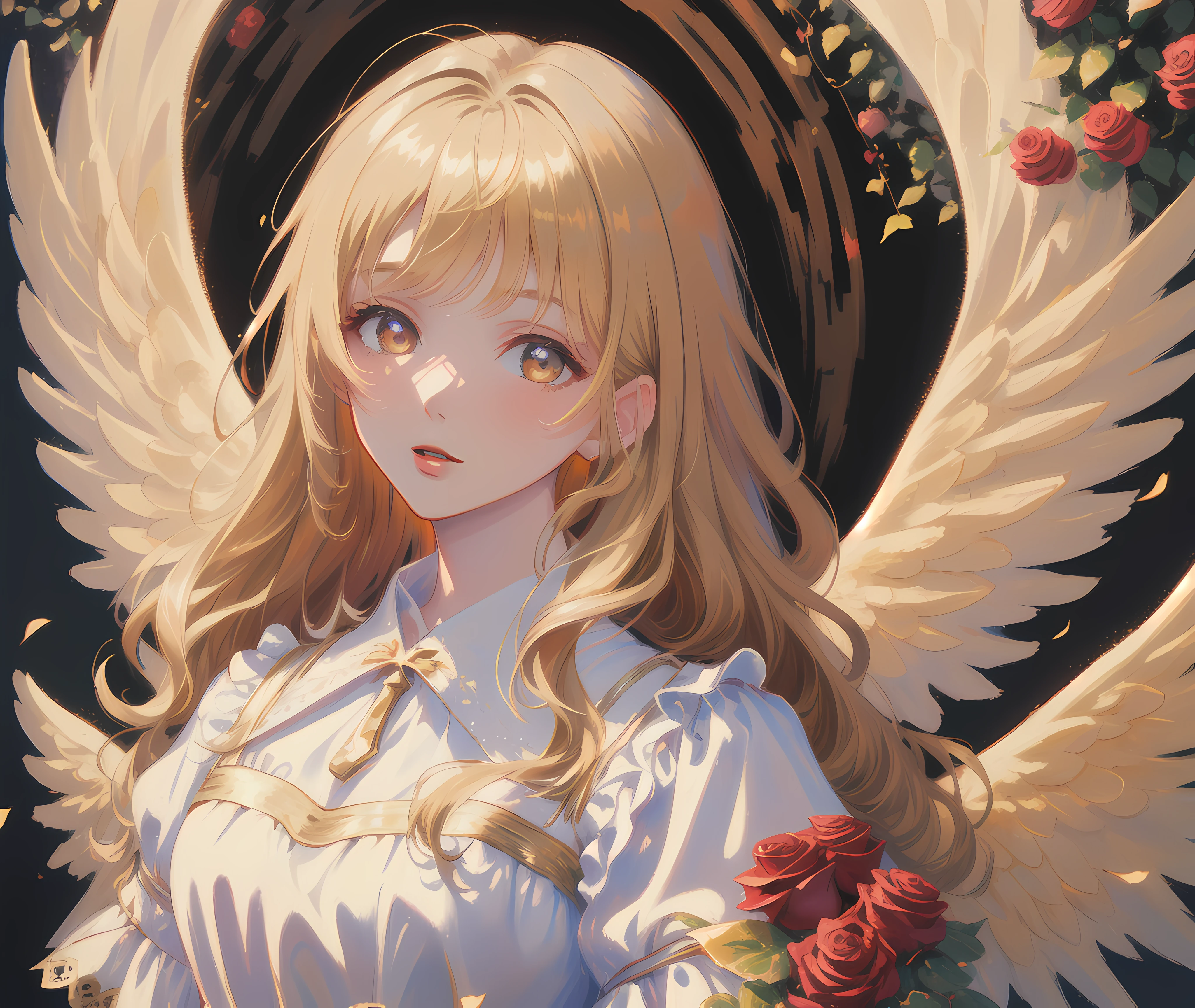 (masterpiece:1.4), (best quality:1.4), (very beautiful angel), long wavy blonde hair, gold eyes, (solo), white dress, ultra detailed face, roses, (red, gold light effects), 4k resolution, best animation, intricate detail