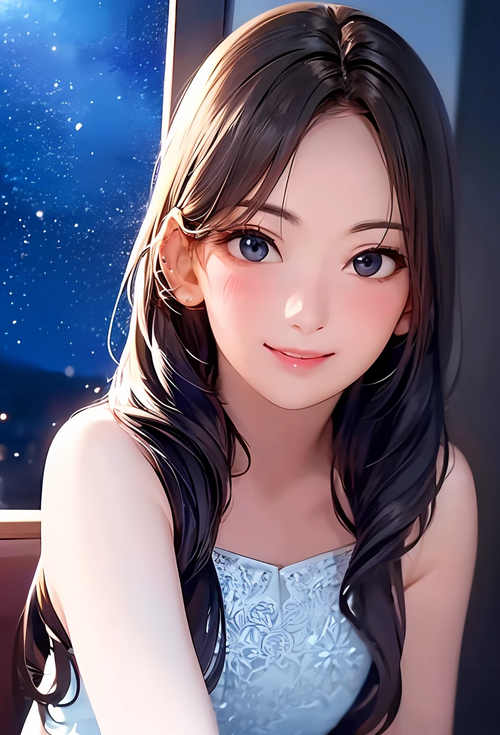 (8k, top quality, masterpiece: 1.2), (realistic, photorealistic: 1.37), super detailed, girl single, cute, solo, midnight, beautiful detailed sky, detailed café, sitting, date, (blush), (smile: 1.15), small breasts (mouth closed), beautiful fine eyes, floating hair NovaFrogStyle, back open dress